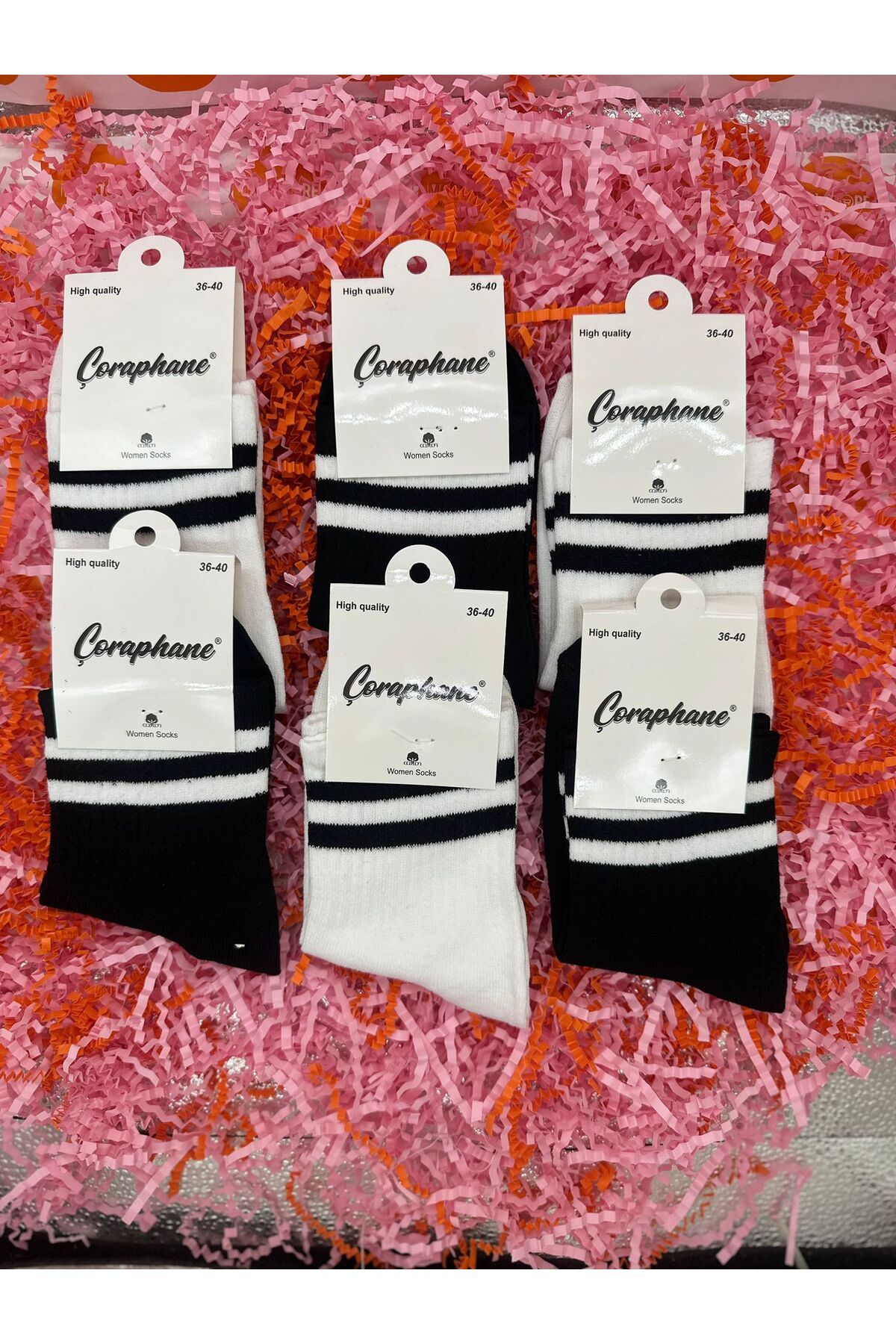 MGEStore 6'lı Unisex Kolej Çorap Siyah Beyaz Çizgili Uzun Çorap Çizgili