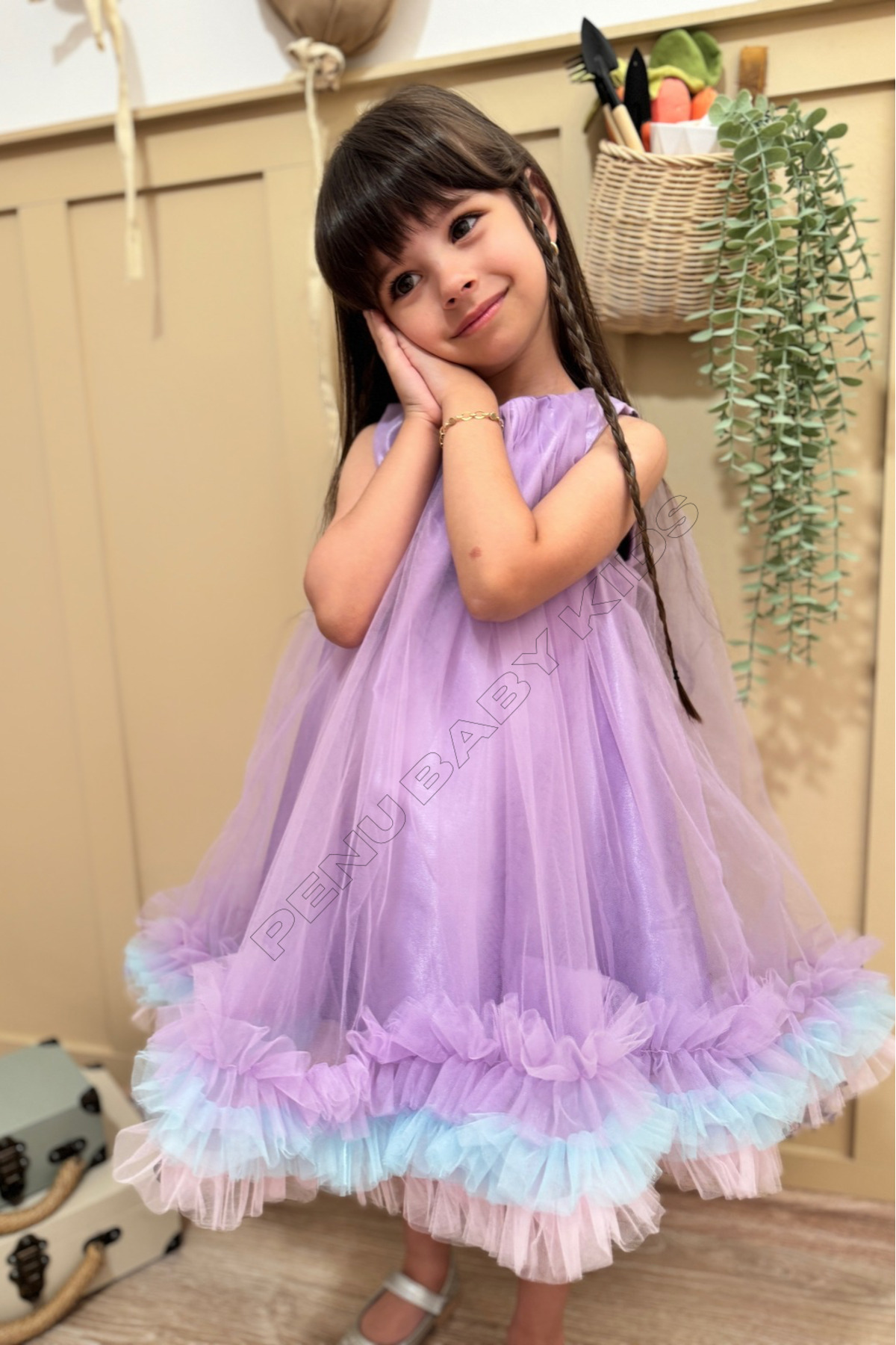 penu baby kids Lila Etek Ucu Renkli Fırfırlı Parlak Saten Üstü Kloş Tül Jile Kız Bebek & Kız Çocuk Elbise - Donna fotoğrafı 5 (önizleme)