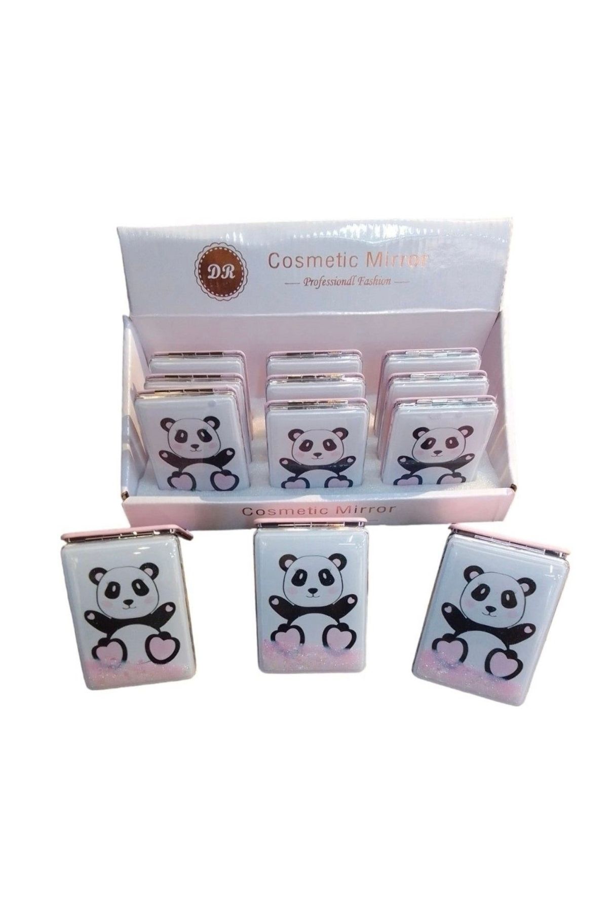 happystoretr Panda tasarımlı sulu simli dikdörtgen makyaj el aynası