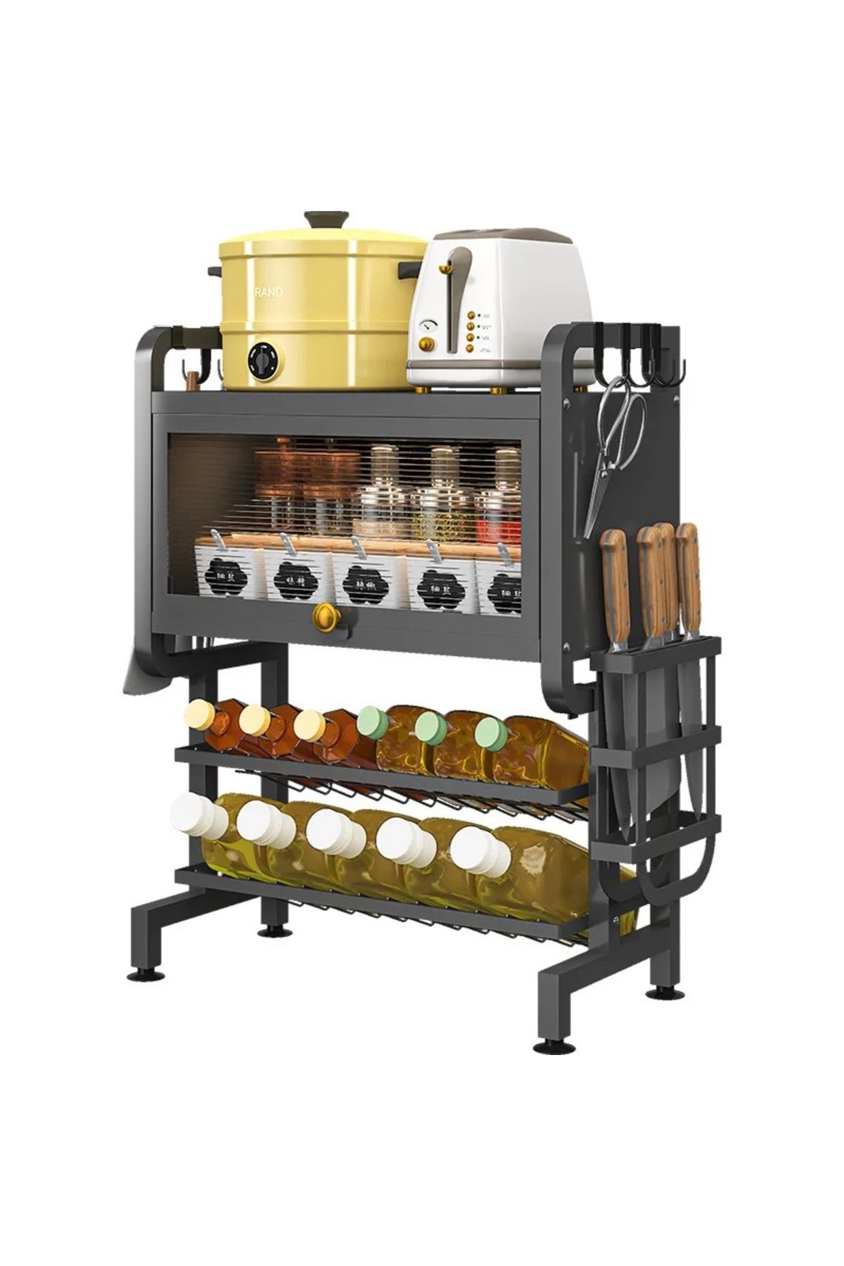 Un-Multi-level kitchen storage with tool holder and shelves for storing oils and spices, black 1