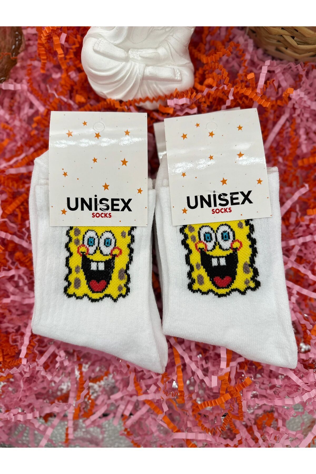 MGEStore 2'li Unisex Kolej Çorap Sünger Bob Desenli Beyaz Uzun Çorap Çizgili