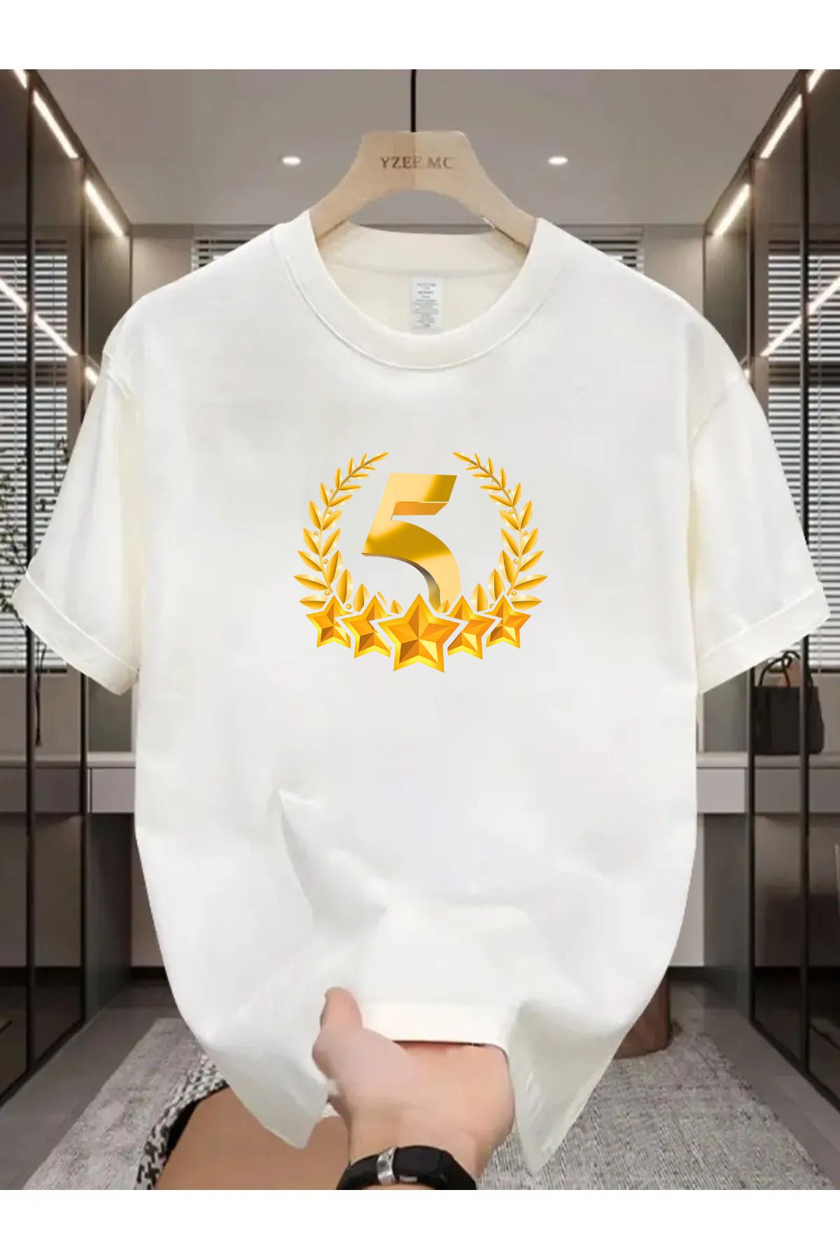 İnazuma Outdoors Unisex Oversize Baskılı Pamuklu Bisiklet Yaka Kısa Kollu BEYAZ T-shirt Taraftar 5 Yıldız