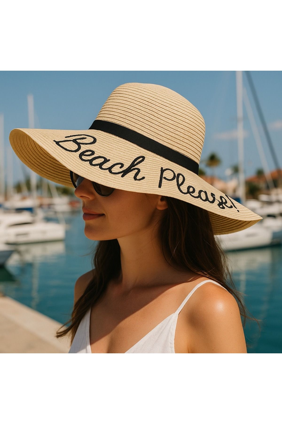 LAGRANZE Beach Please! Nakışlı Geniş Siperli Hasır Kadın Plaj Şapkası