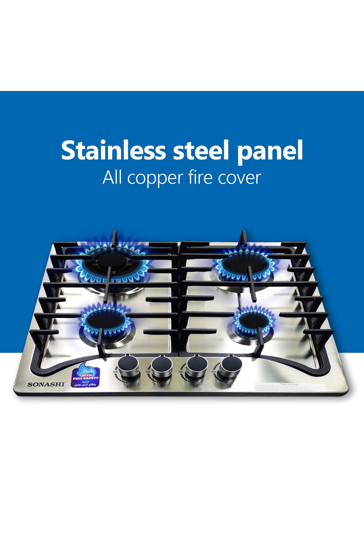 sonashi-4-burner Gas Hob - 60 Cms | Featured With Front Control Panel And Cast Iron Pan Stand | Gas Hob With 2