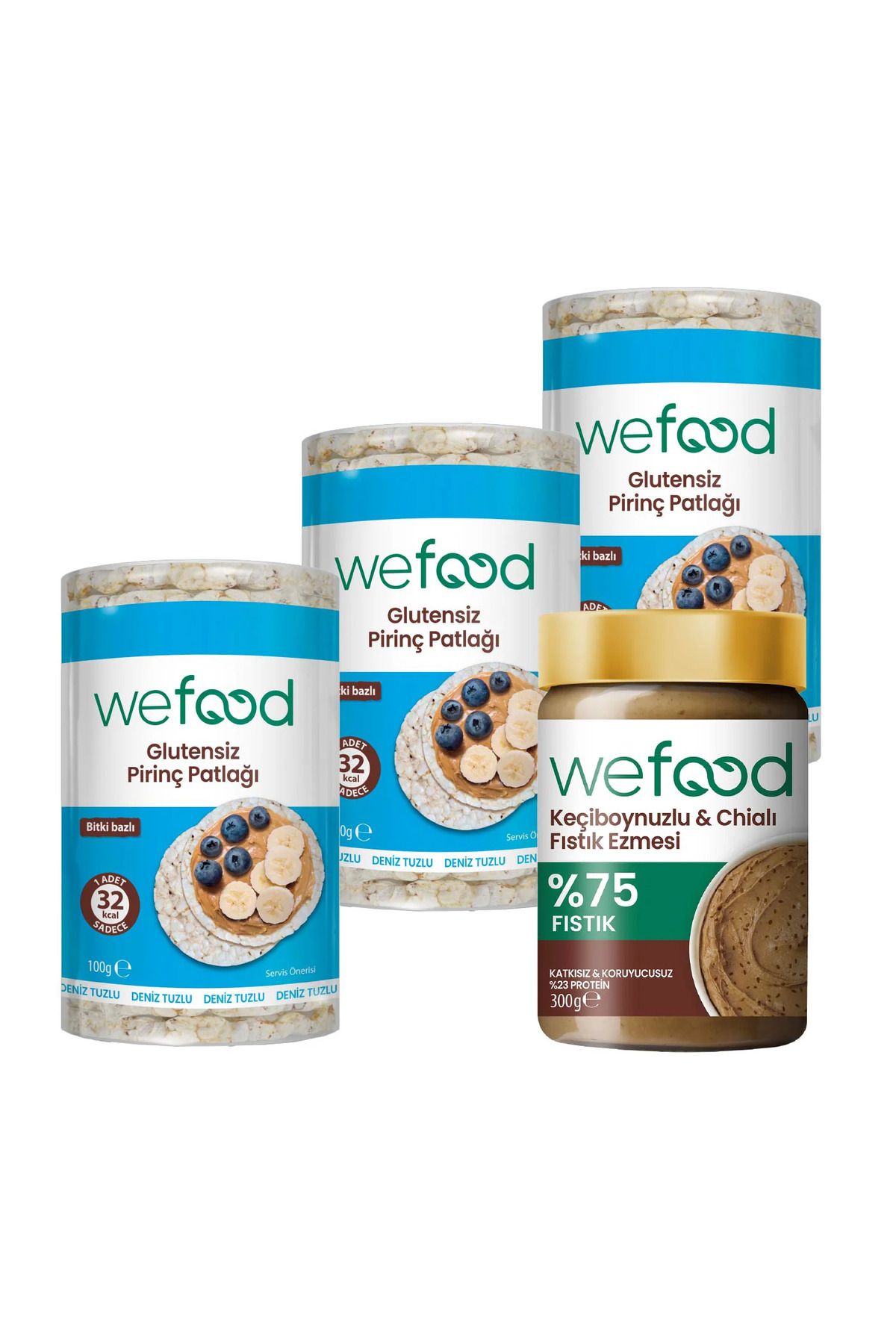 Wefood Keçiboynuzlu & Chialı Fıstık Ezmesi 300 g + Wefood Glutensiz Pirinç Patlağı 100 gr 3'lü