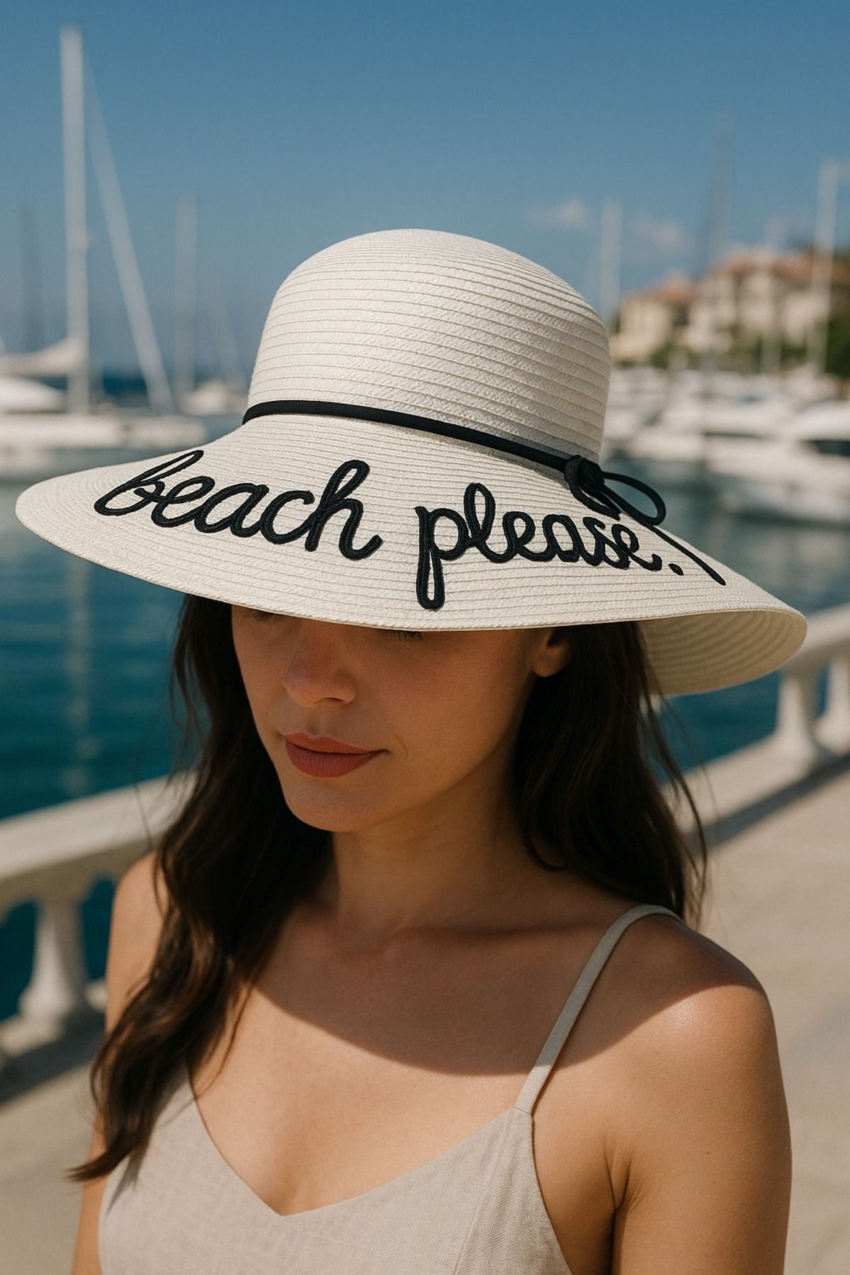 LAGRANZE Beach Please! Nakışlı Geniş Siperli Hasır Kadın Plaj Şapkası