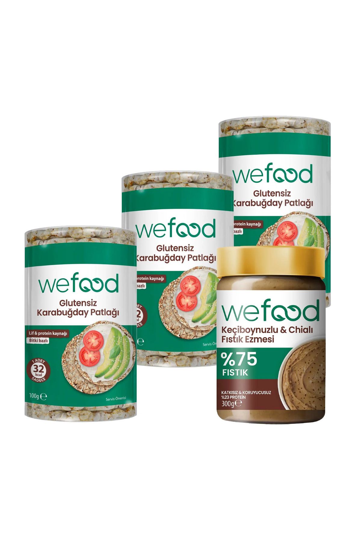 Wefood Keçiboynuzlu & Chialı Fıstık Ezmesi 300 g + Wefood Glutensiz Karabuğday Patlağı 100 gr 3'lü