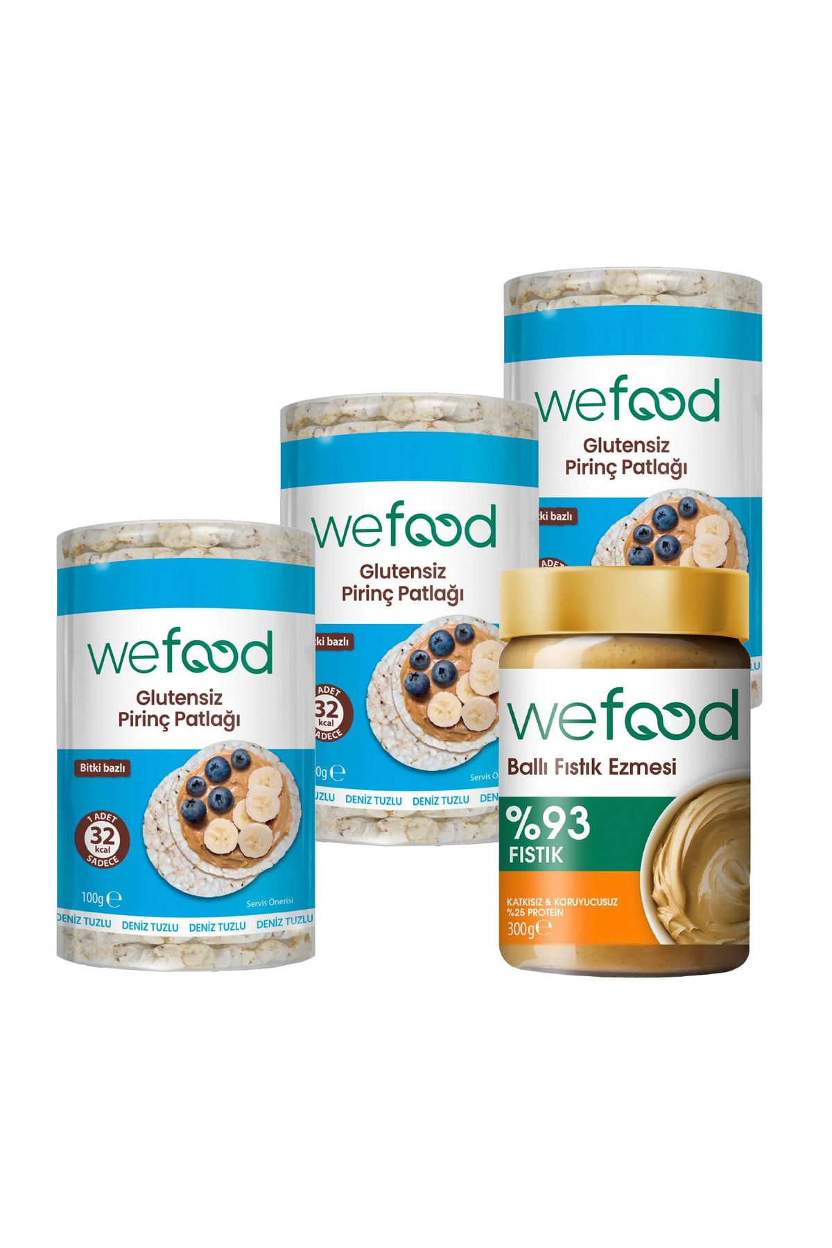 Wefood Şekersiz Ham Ballı Fıstık Ezmesi 300 gr + Wefood Glutensiz Pirinç Patlağı 100 gr 3'lü