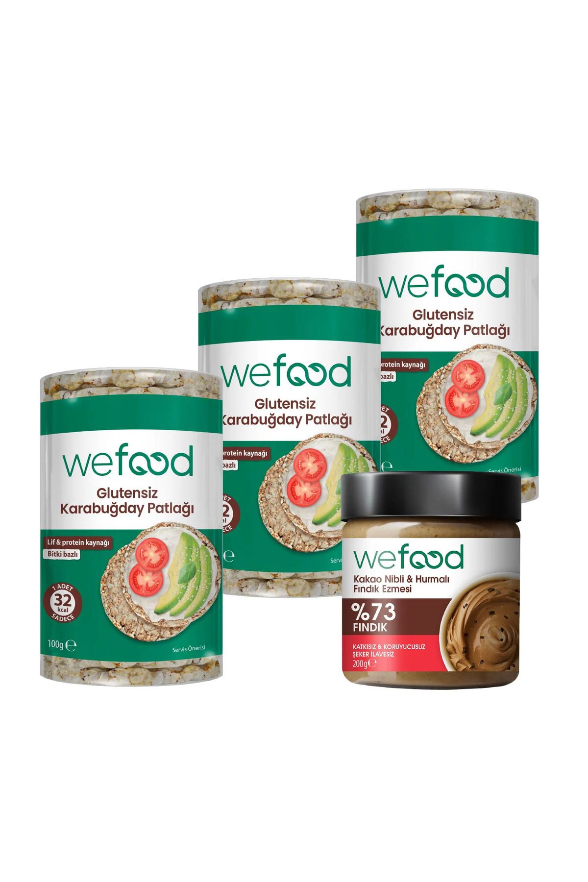 Wefood Kakao Nibli Fındık Ezmesi 200 gr +Wefood Glutensiz Karabuğday Patlağı 100 gr 3'lü