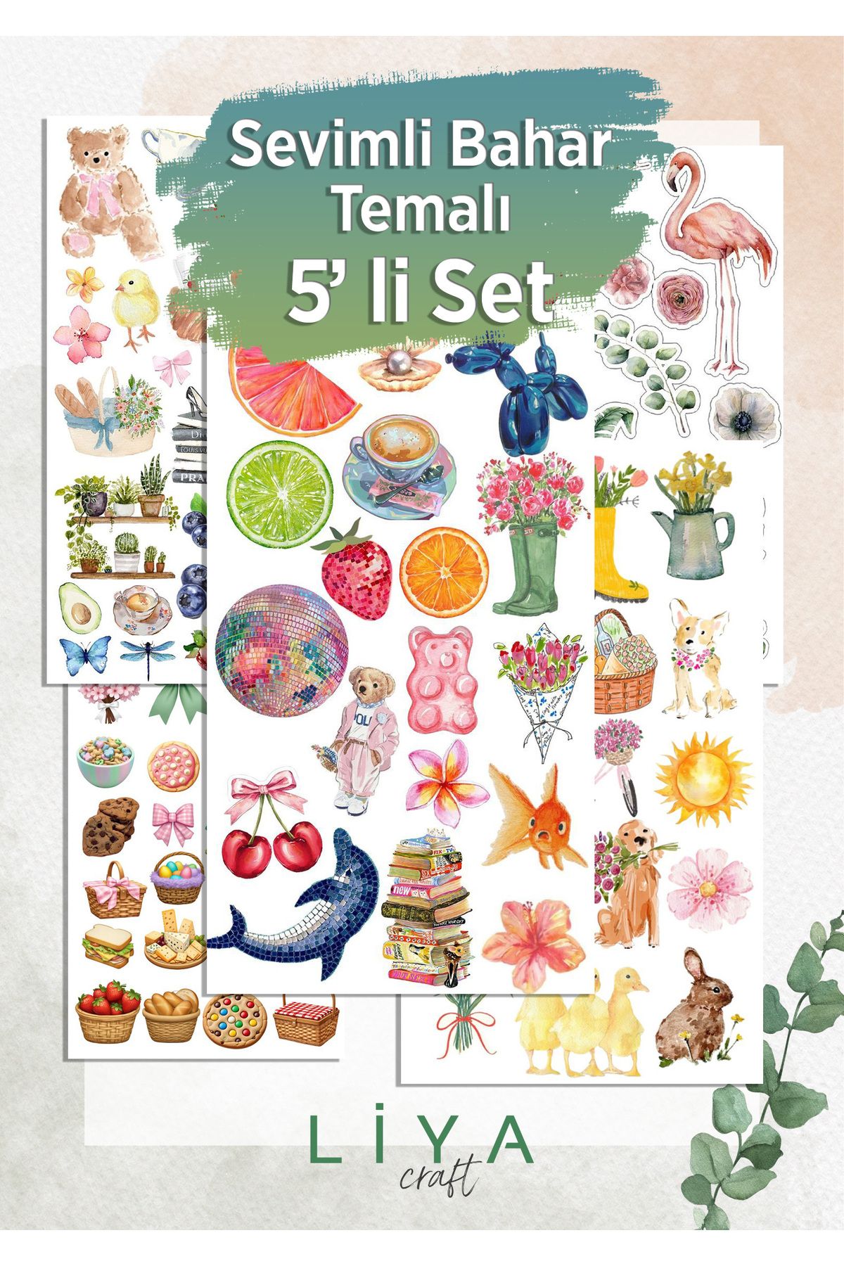 LiyaCraft 5'Li Sevimli Bahar Sticker Set Planner Ajanda Bullet Journal Için Uygun Set