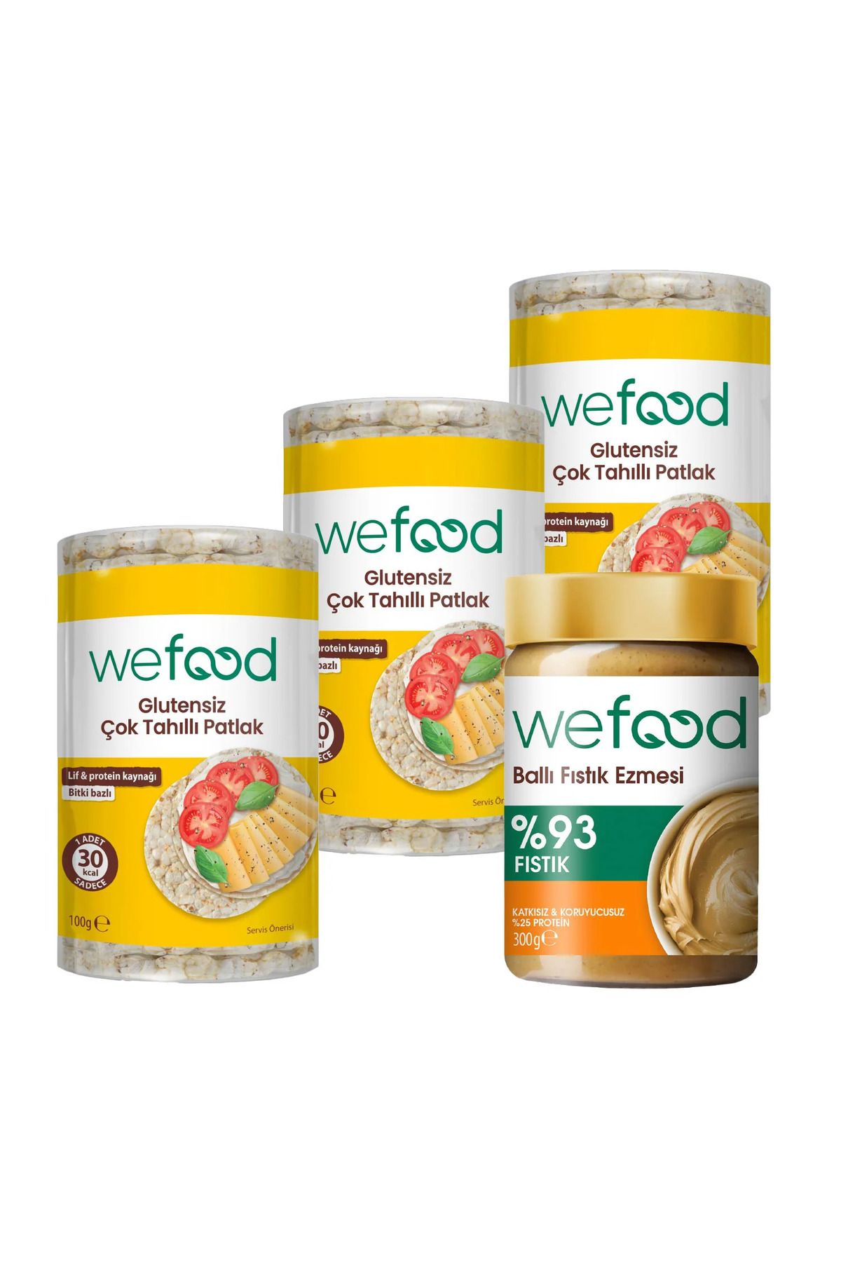 Wefood Şekersiz Ham Ballı Fıstık Ezmesi 300 gr + Wefood Glutensiz Çok Tahıllı Patlak 100 gr 3'lü