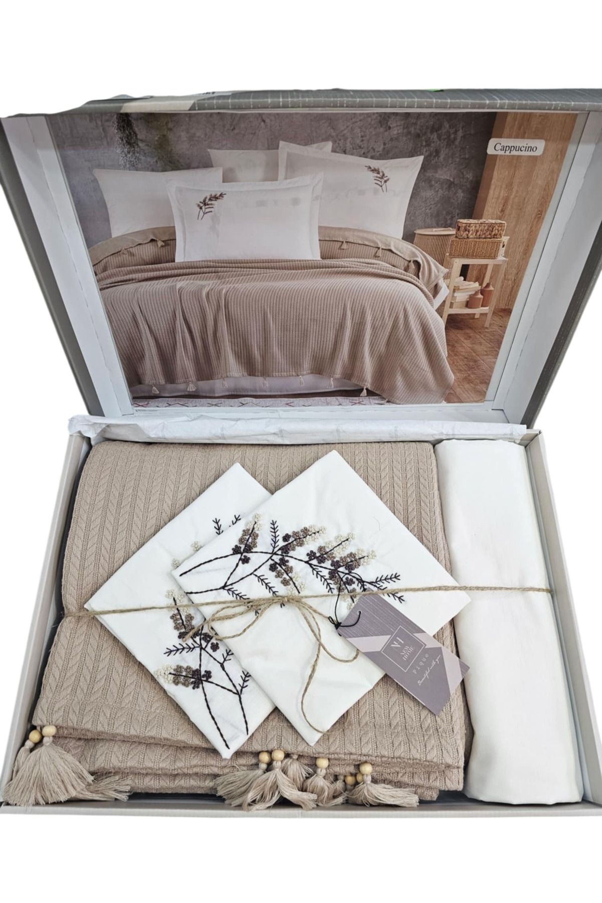 KÜBRAHOME'S-New Home Tasseled Double Person Pi̇ke Set Cappi̇cuno 1