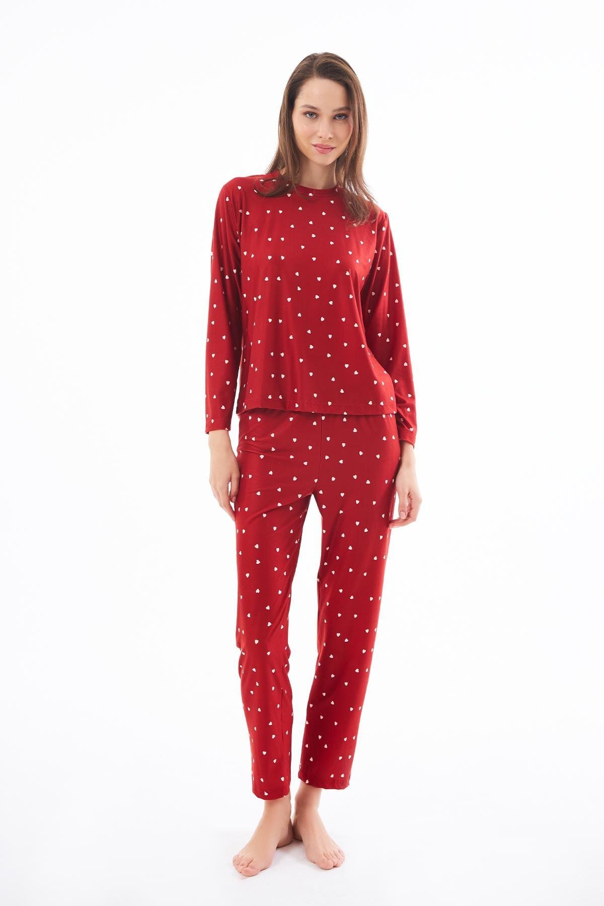 Cottonhill Premium Yazlık Kadın Pijama Takımı Kırmızı Kalp Desenli Yumuşak Dokulu Bisiklet Yaka Uzun Kollu