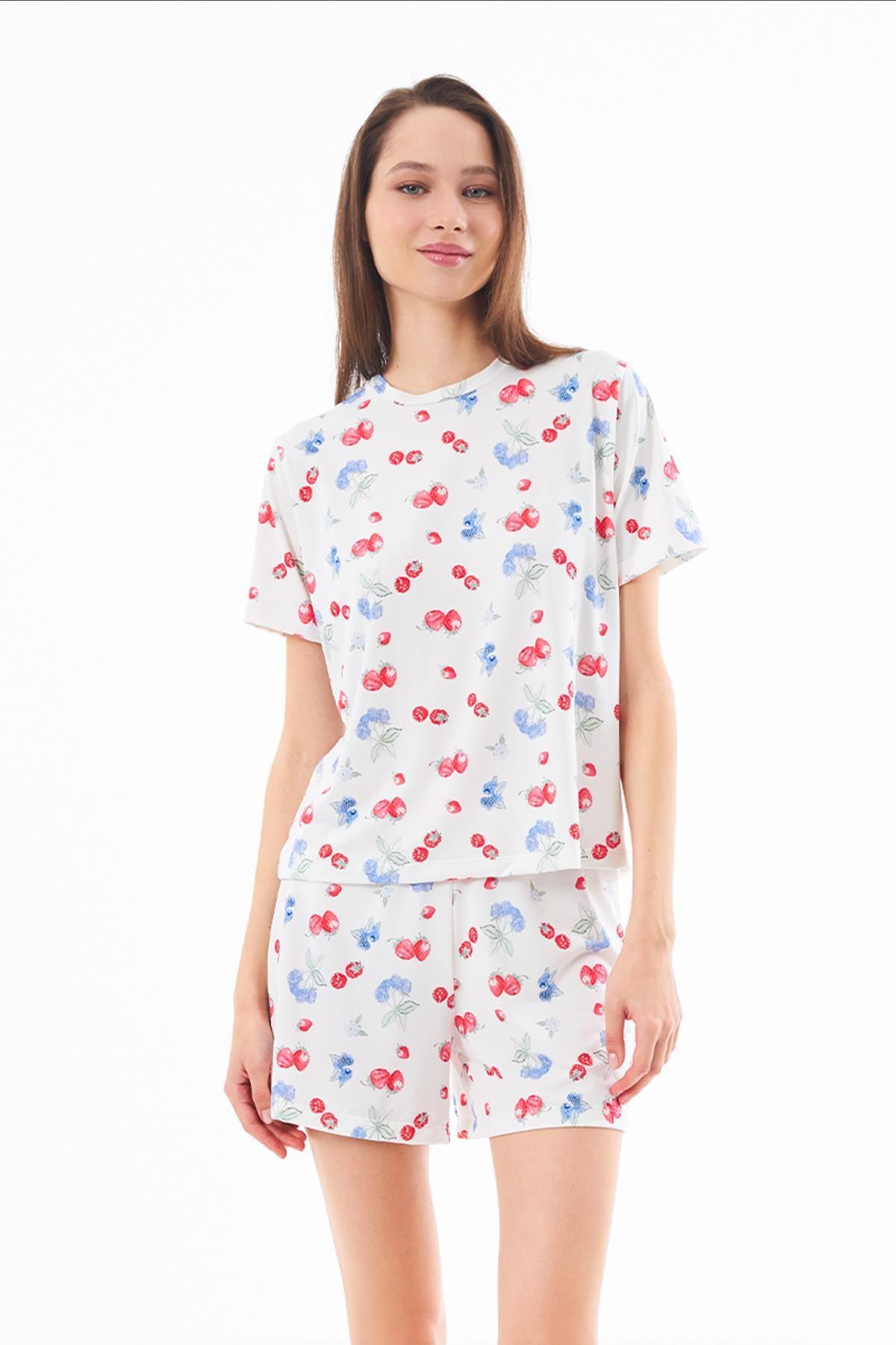 Cottonhill Premium Yazlık Şortlu Kadın Pijama Takımı Meyve Desenli Yumuşak Dokulu Bisiklet Yaka Kısa Kollu