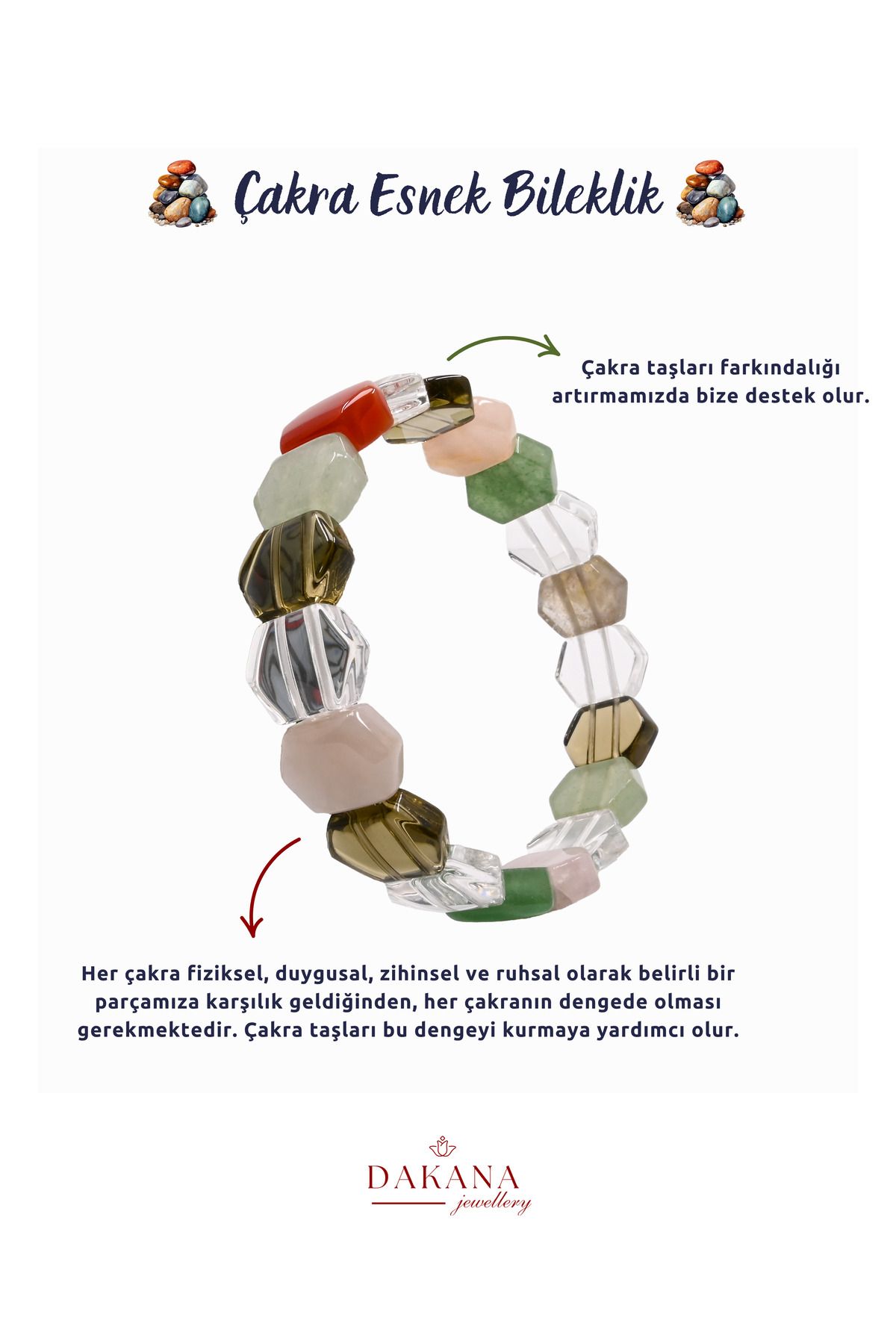 DAKANA JEWELLERY Sertifikalı Altıgen Kesim Çakra Doğal Taş Bileklik