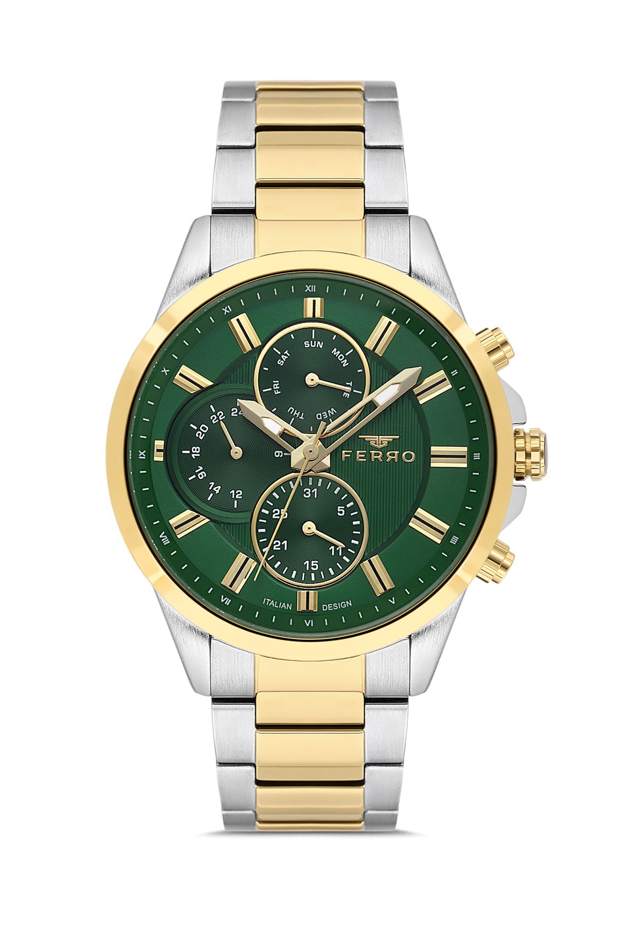 FERRO FM11533AWT-D6 Quartz Çelik Altın/Gri Yeşil Kadran 46 mm Erkek Kol Saati