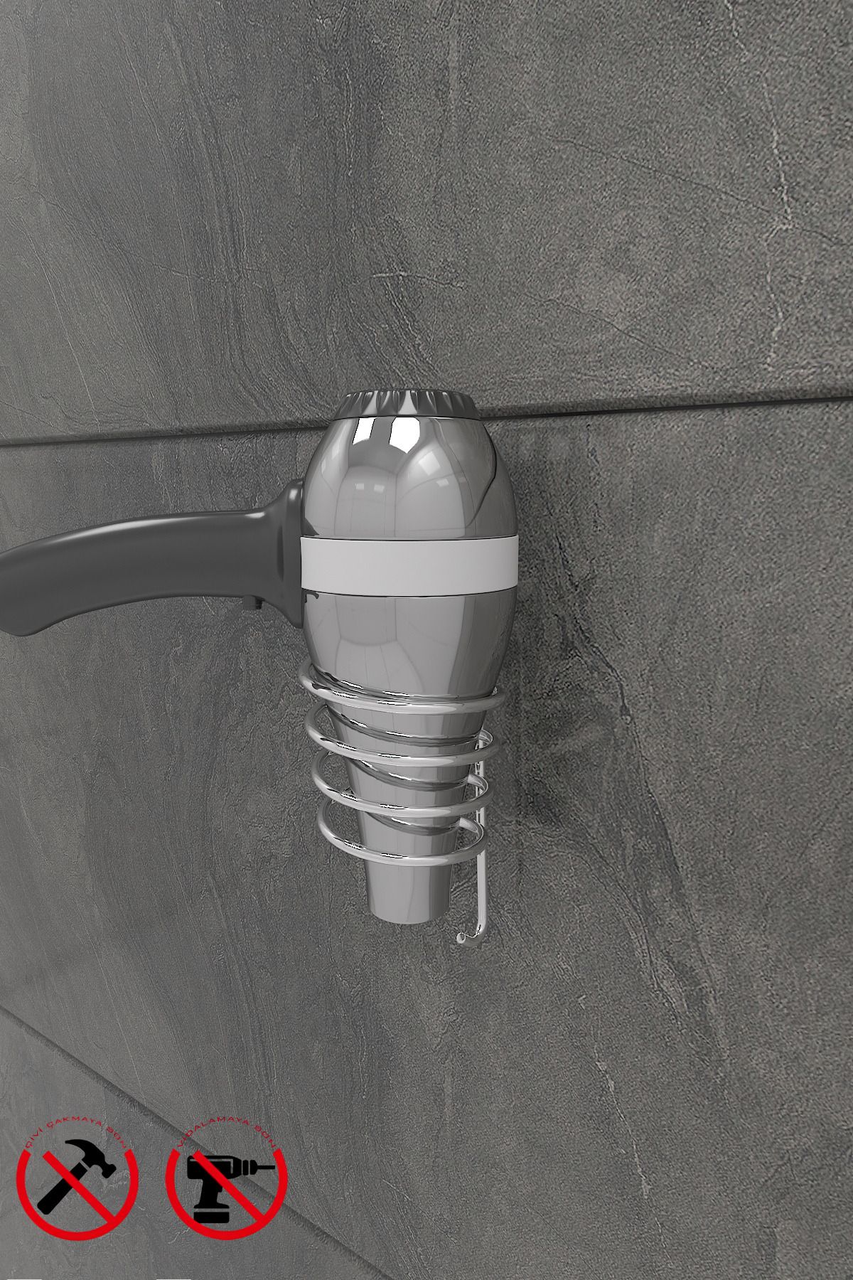 BellaBagno Krom Kare Fön Makinesi Askısı Saç Kurutma Makinesi Tutacağı Yapışkanlı