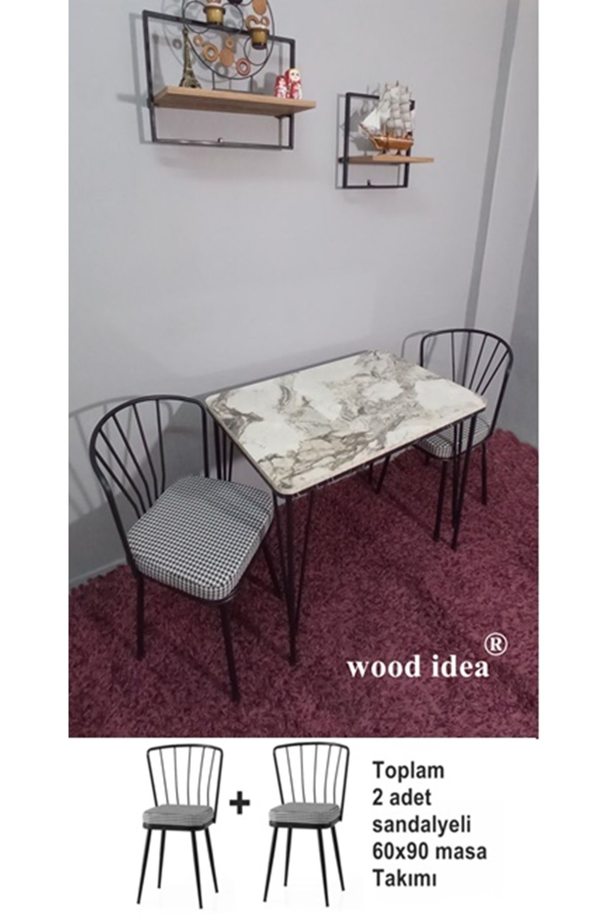 wood idea 60x90 metal ayaklı 2 sandalyeli yemek, balkon ve mutfak masa takımı
