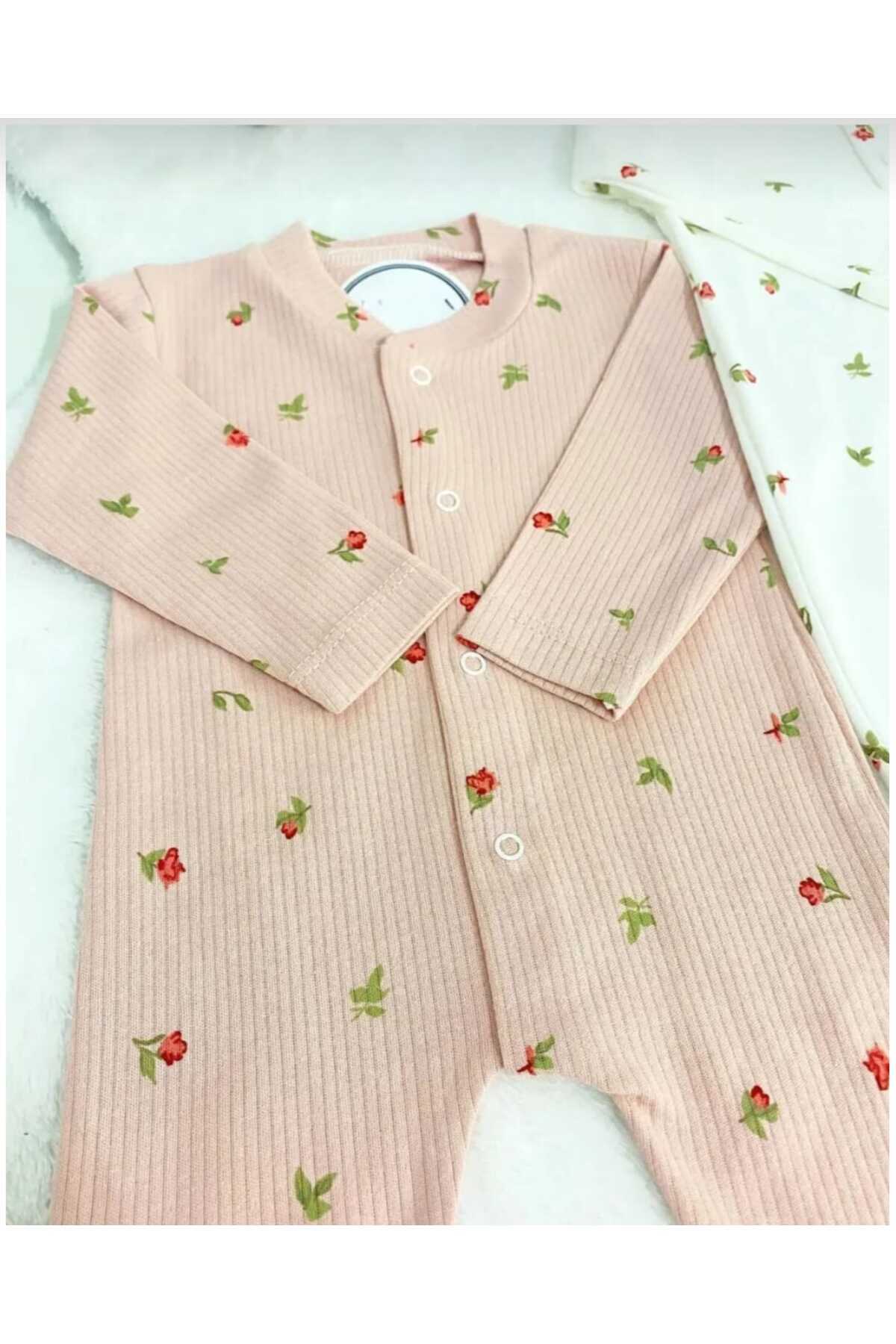 Amur Organik Kız Bebek Çiçek desenli 2li Tulum Takımı Yenidoğan kıyafet 1-3-6 ay 2'li Pamuklu 2 Parça Çi fotoğrafı 3 (önizleme)