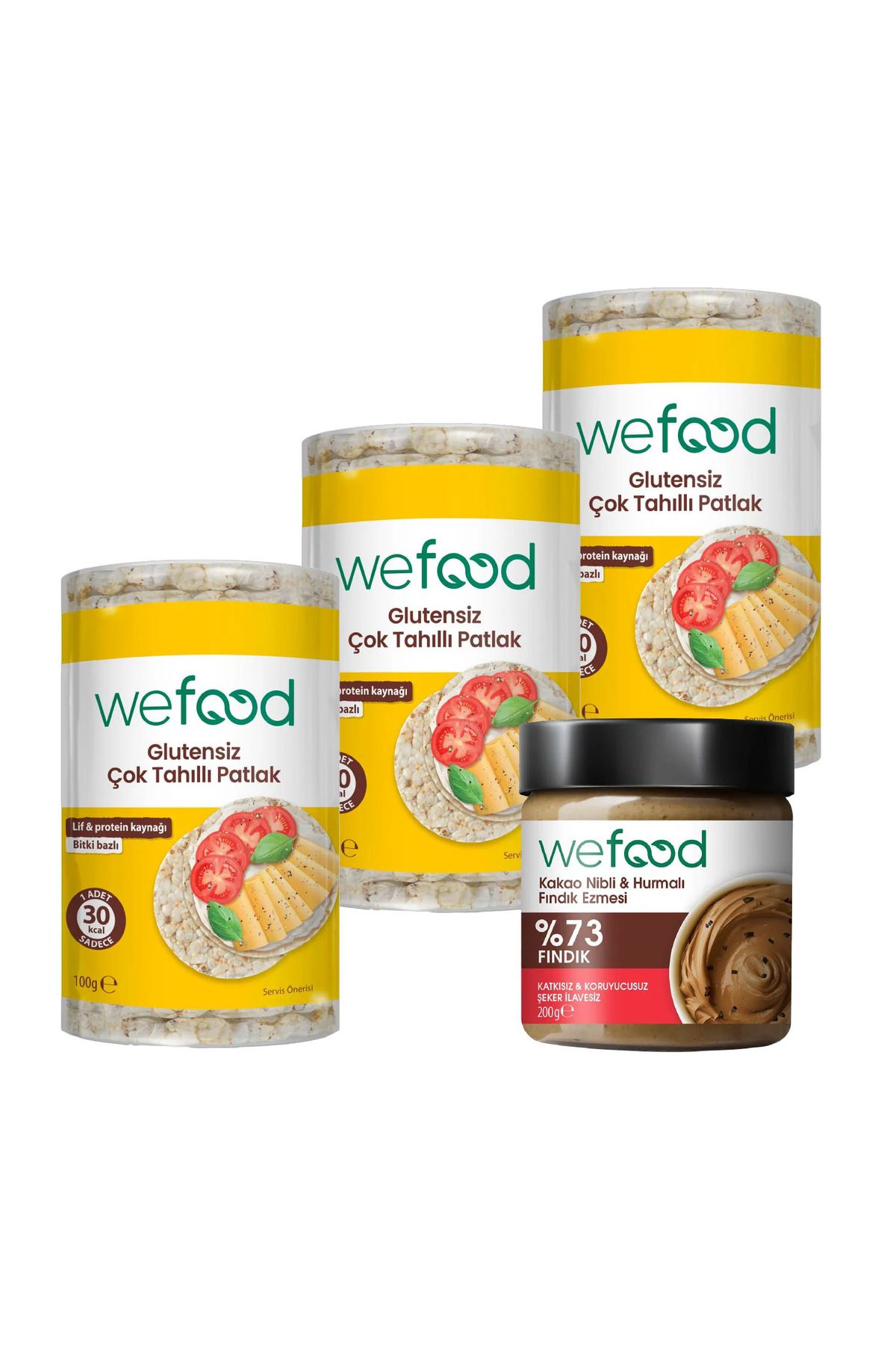 Wefood Kakao Nibli Fındık Ezmesi 200 gr +Wefood Glutensiz Çok Tahıllı Patlak 100 gr 3'lü