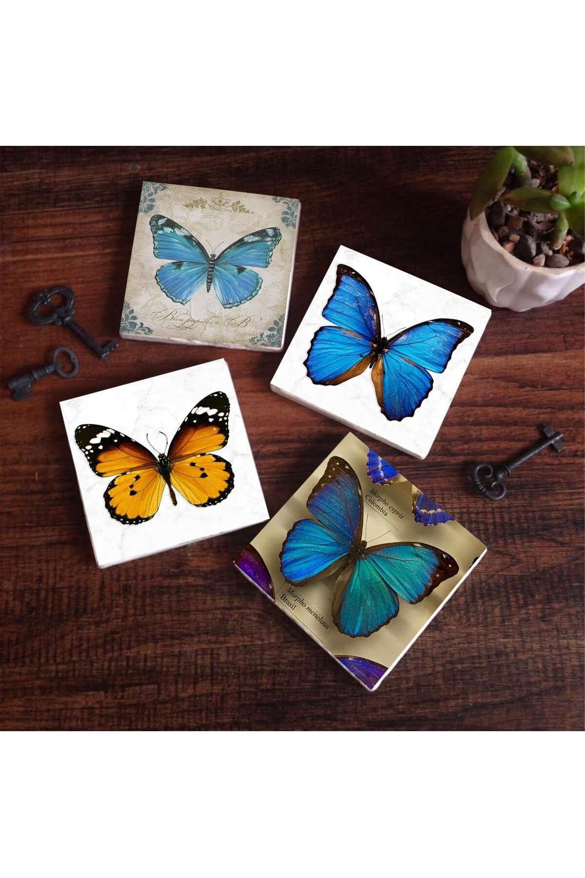 Mu Art Ahşap Mrt Kelebek Taş Bardak Altlığı Seti - 4 Parça - Dekoratif, Rustik Mutfak Aksesuarı, 10x10 cm,