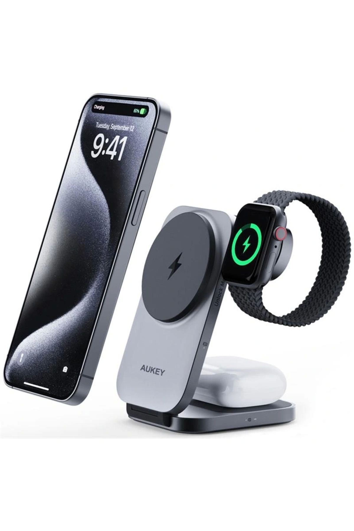 ShopNova AUKEY LC-MC312-GY MAGFUSION Z QI2 15W KATLANABİLİR 3 Ü 1 ARADA MIKNATISLI KABLOSUZ ŞARJ CİHAZI