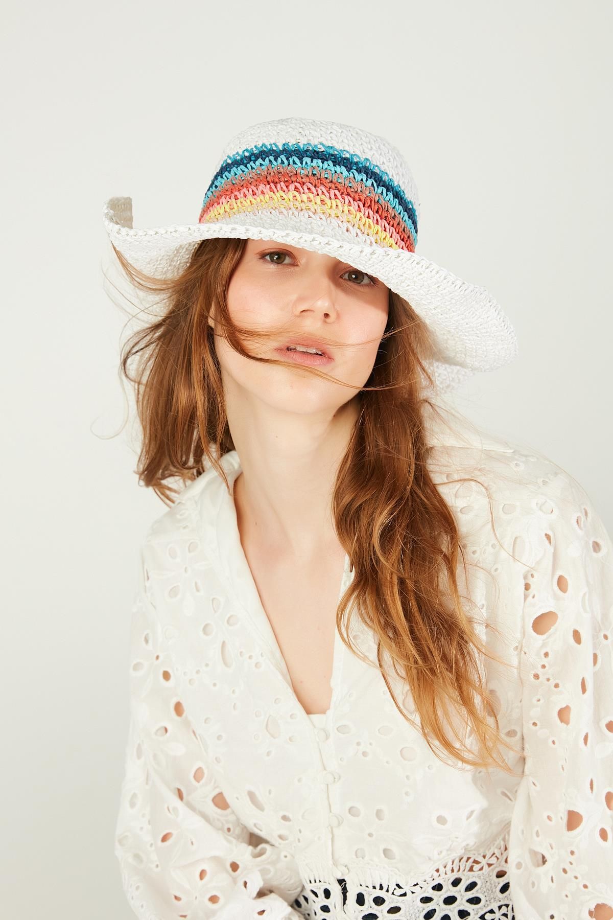 Axesoire-14620 Model White Wide Straw Hat - Braided and Colorful Stripe 2