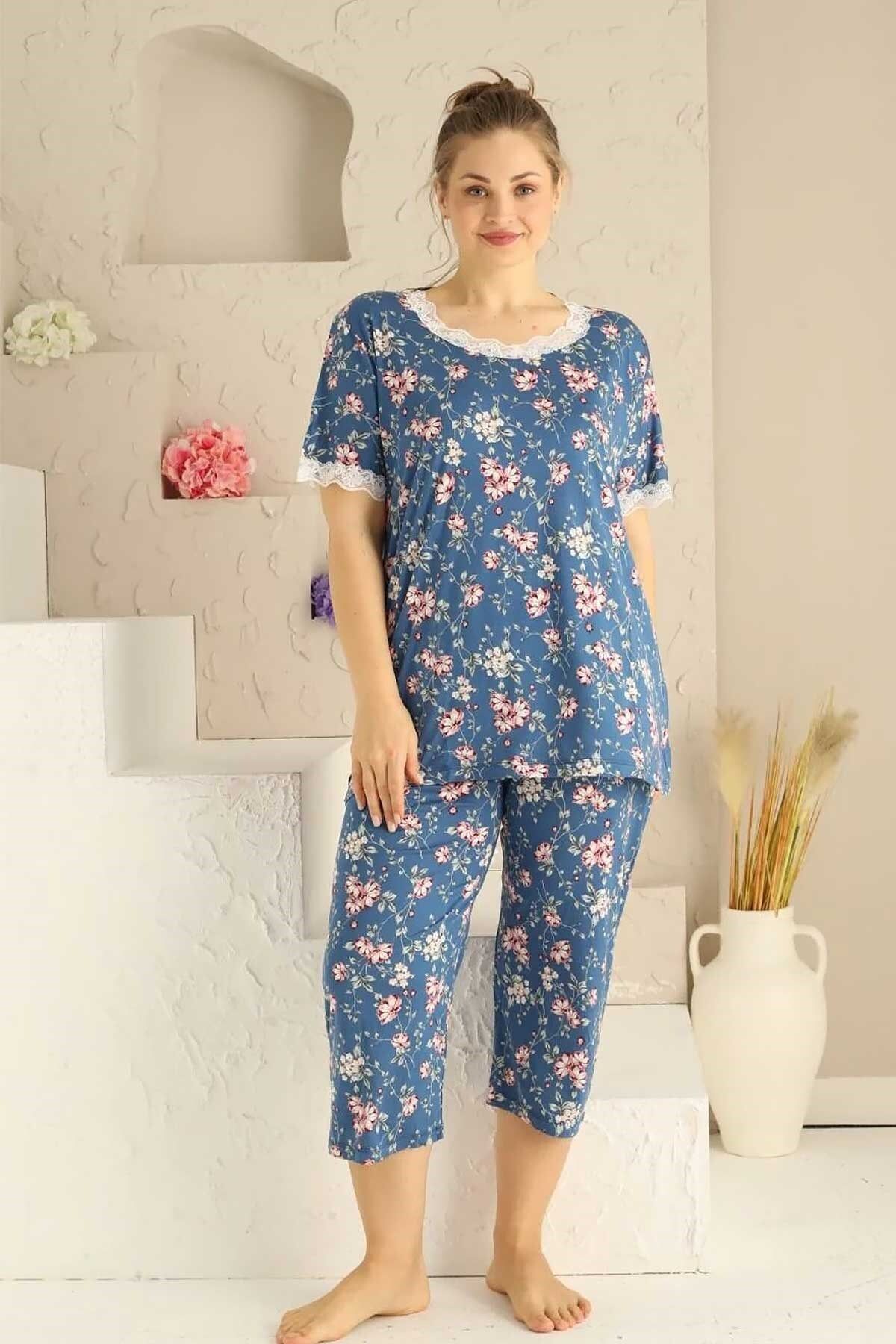 bie's Kadın Düğmesiz Dantel Detay Viskon Geniş Battal Büyük Beden Kapri/Bermuda Pijama Takımı