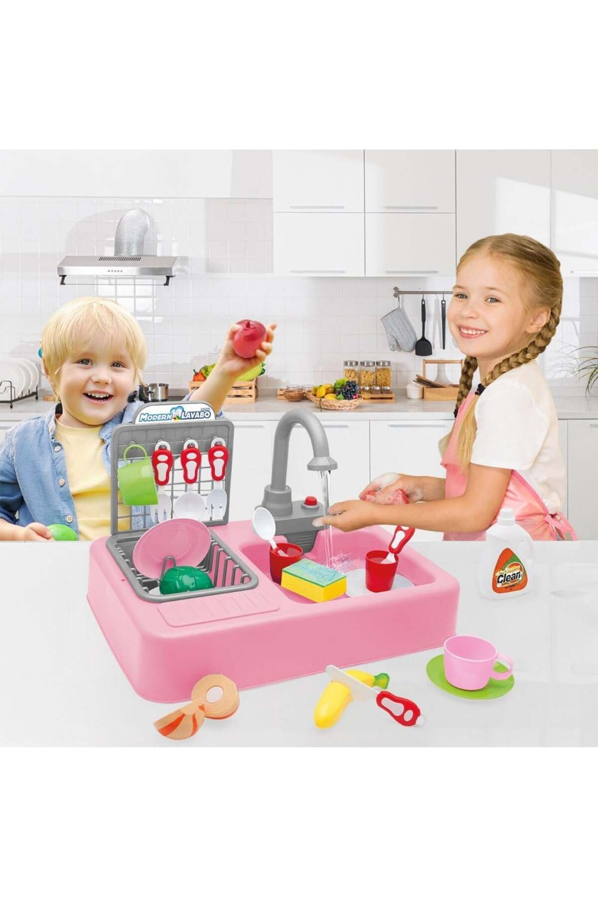 FELİTE Pilli Modern Akan Musluklu Çeşmeli Lavabo Mutfak Seti Oyuncak
