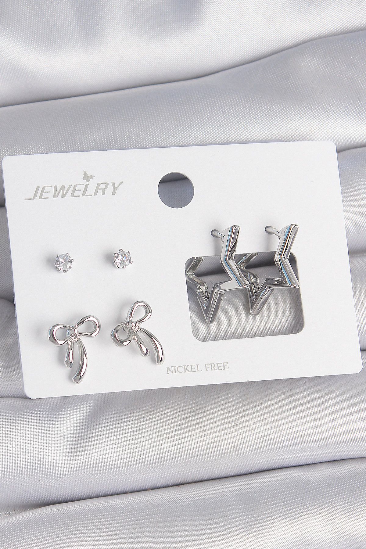 LovelymCo Pirinç Gümüş Renk Zirkon Taşlı Yıldız Model Fiyonk Detay 3 Çift Kadın Küpe Seti - Lisinya