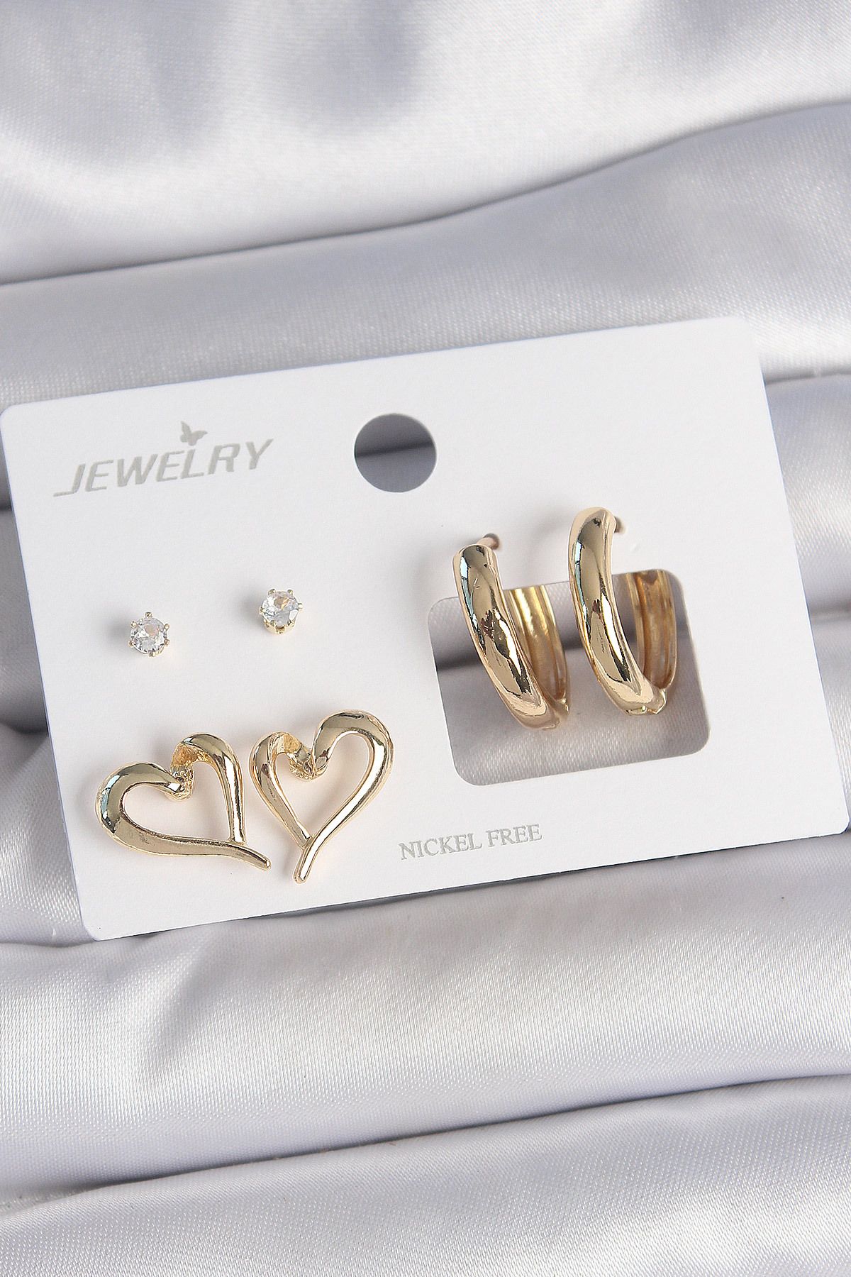 LovelymCo Pirinç Gold Renk Zirkon Taşlı Halka Model Kalp Detay 3 Çift Kadın Küpe Seti - Lisinya