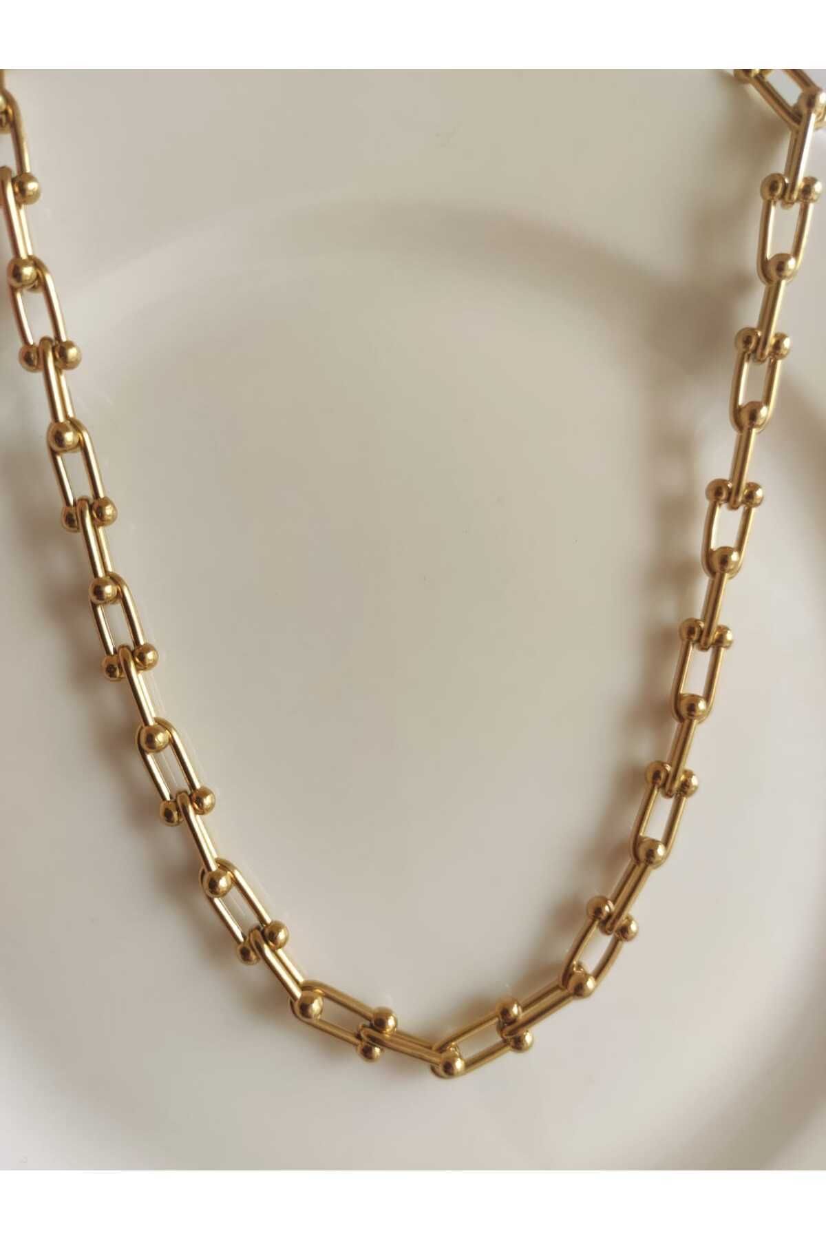 MoS JEWELLERY Gold Renk Top Detaylı Modern Zincir Kolye - Paslanmaz Çelik