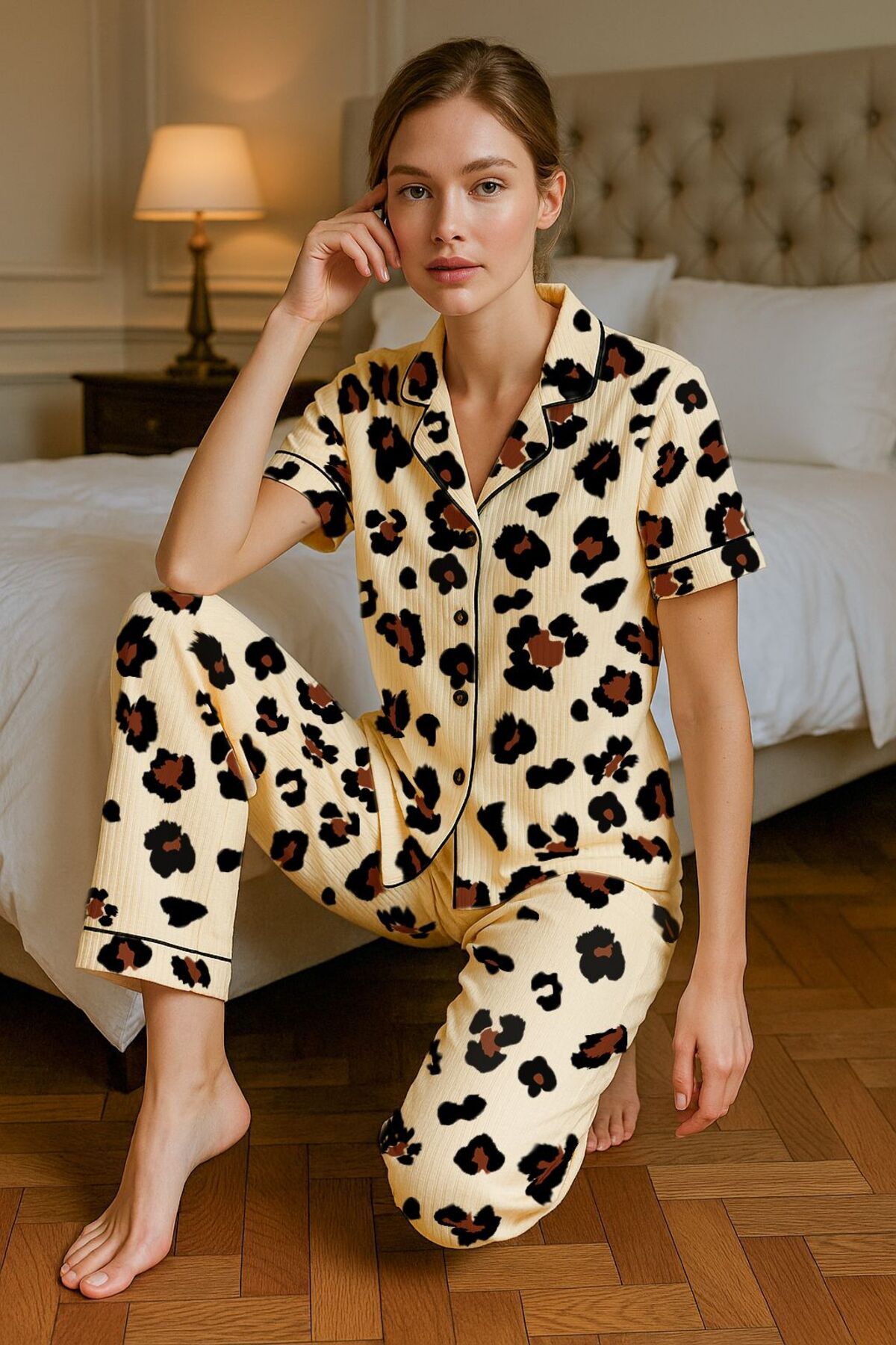 BELLA NOTTE Leopar Baskılı Düğmeli Yazlık Pijama Takımı