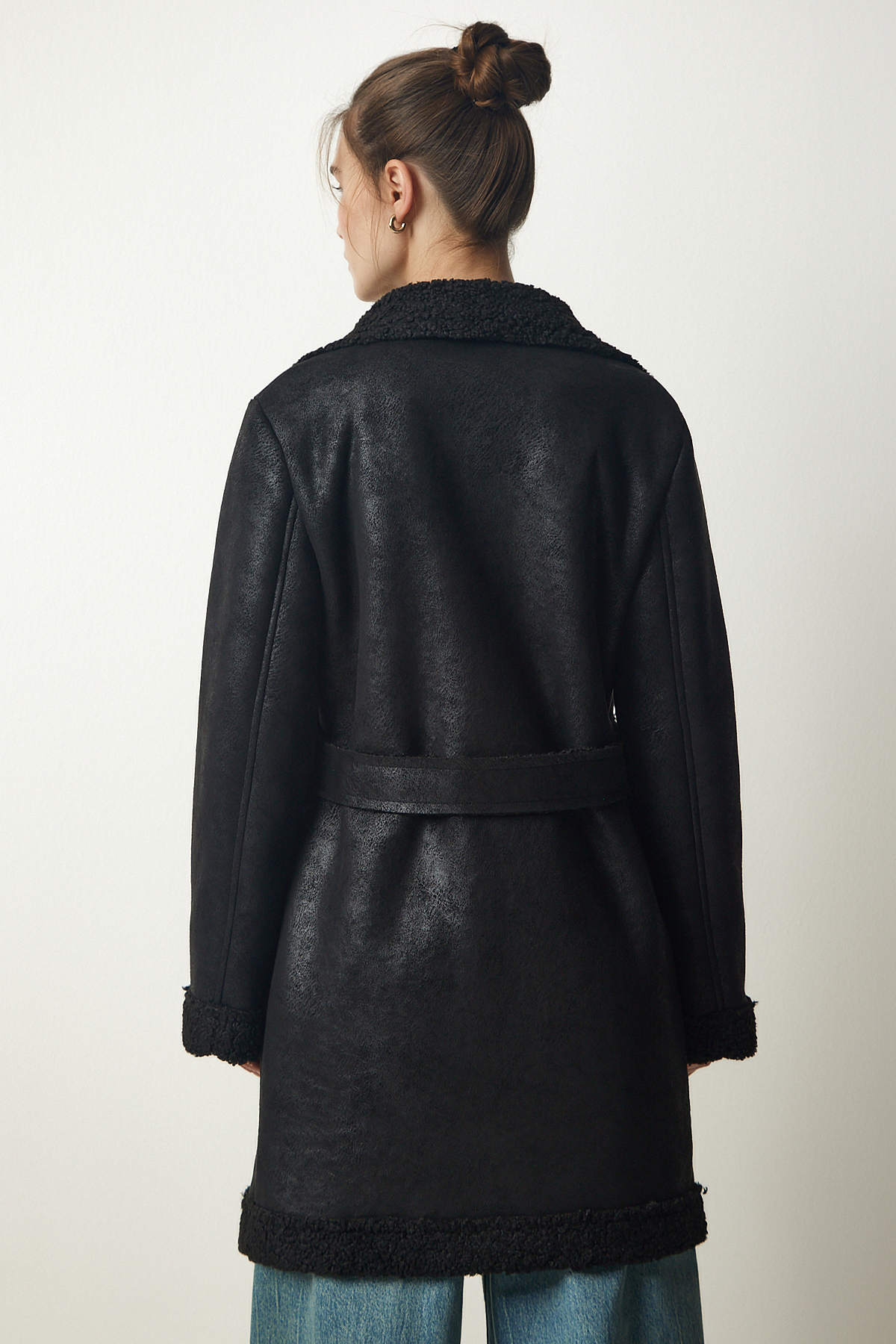 Lovelyİstanbul  Kruvaze Yaka Kürklü Nubuk Kaban SİYAH LTO0033 - Görsel 8