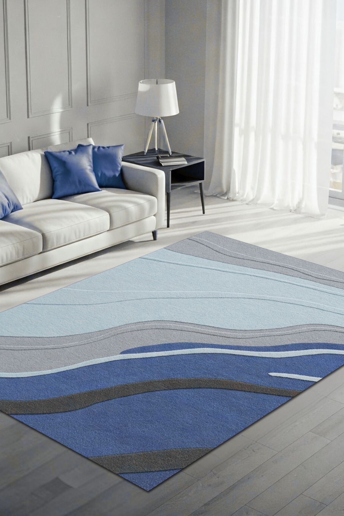 The Reef Design Dalga Desenli Modern Mavi Halı Dijital Baskılı Dokuma Kaymaz Tabanlı Yıkanabilir Oturma Odası Halısı