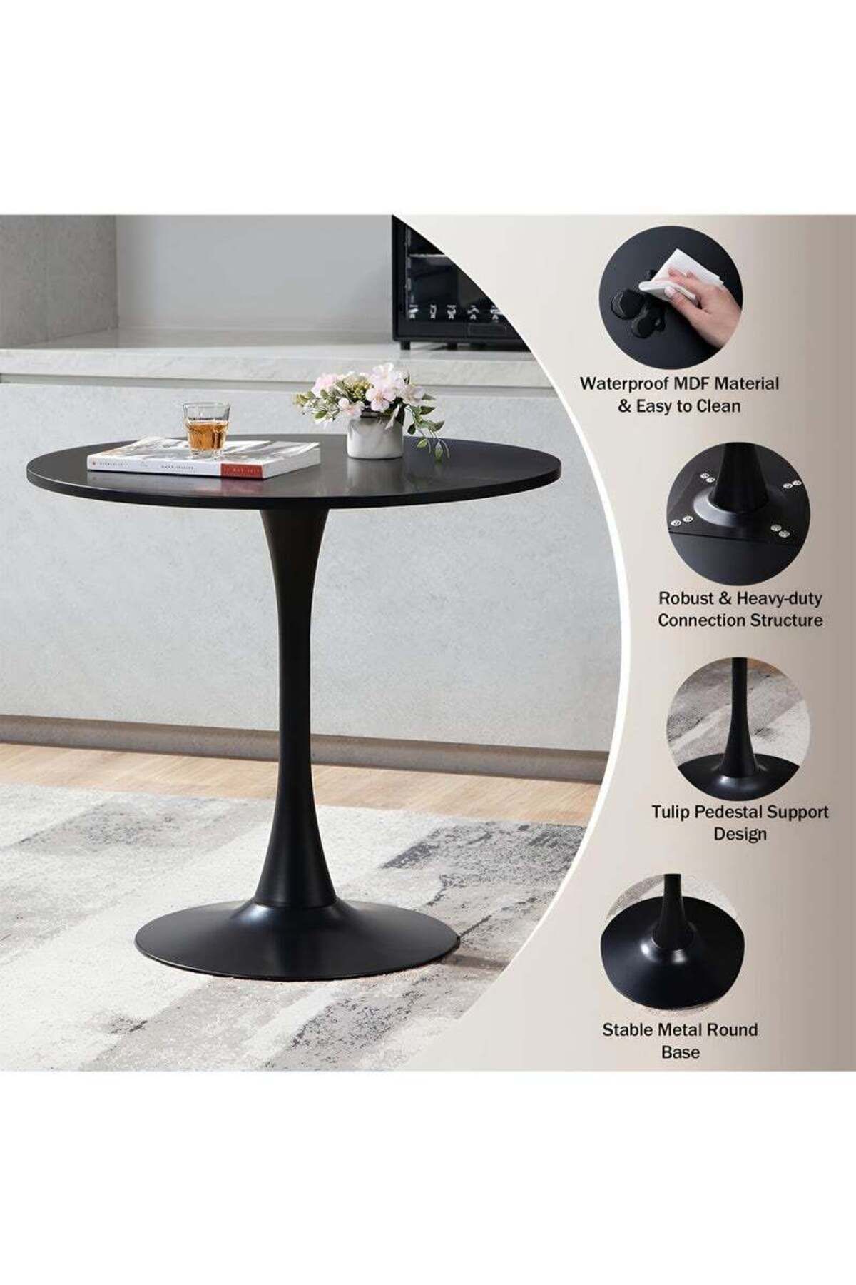 Taimi-Round Dining Table Elegant Plastic 90x90x73cm Coffee Table for Living Room, Dining Room, Black 5