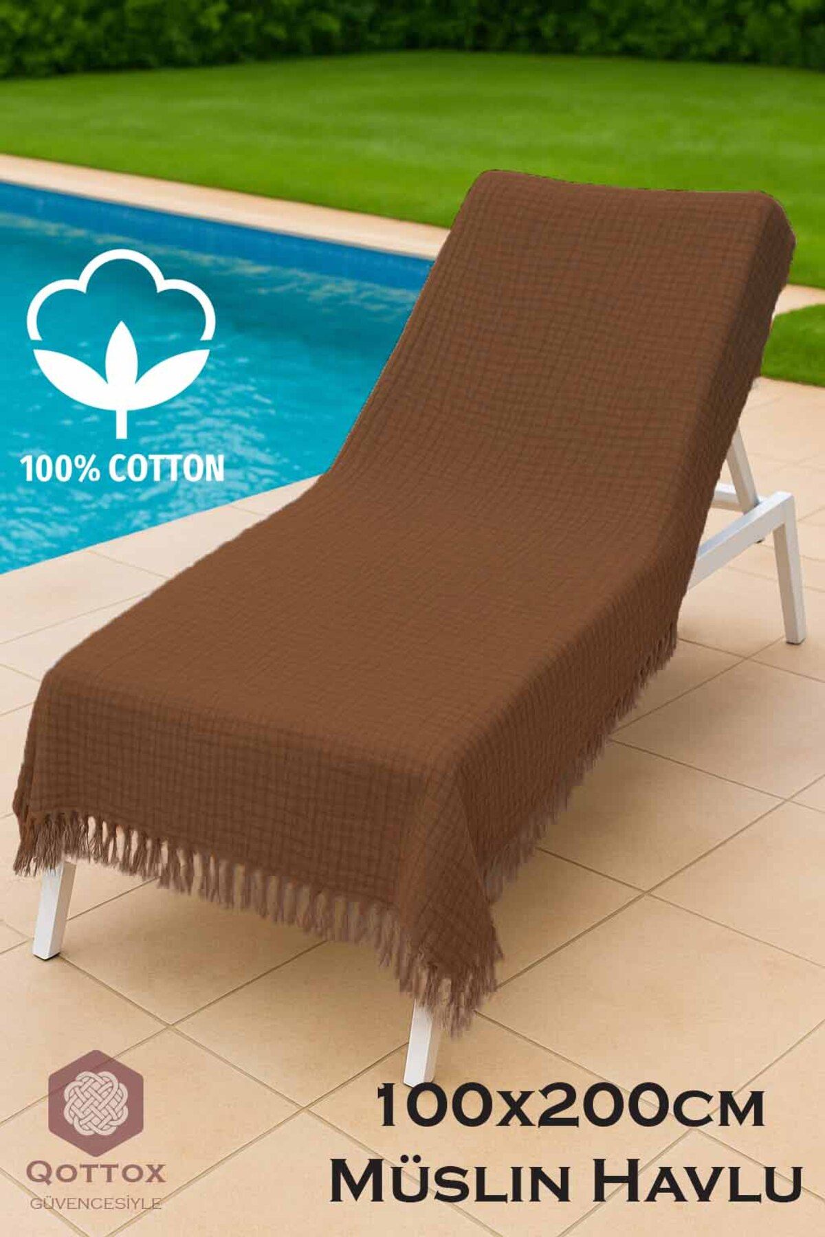 Qottox Şezlong Havlusu, Plaj Havlusu, 100x200 Müslin Plaj Havlusu, %100 Pamuklu Plaj Havlusu, 4Katlı Müslin