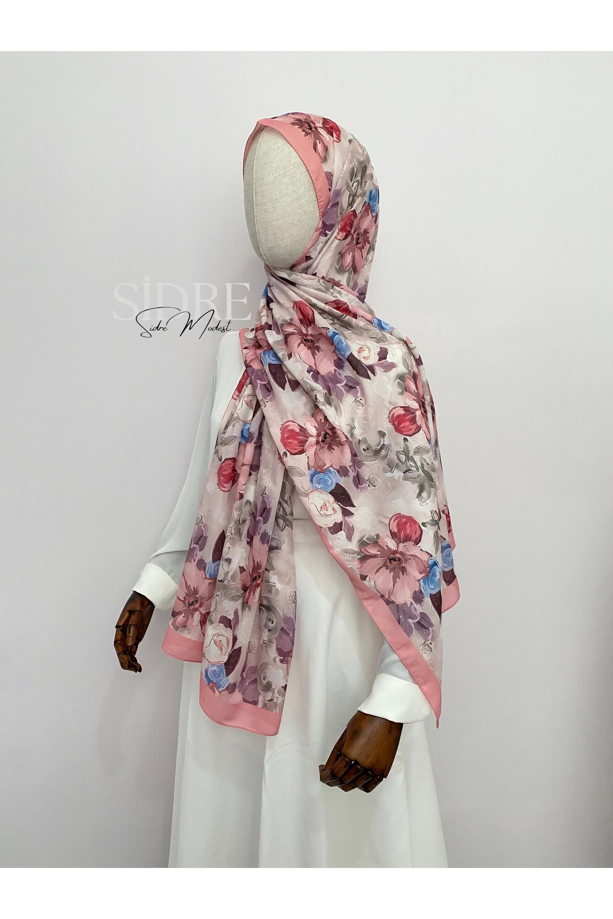 SİDRE MODEST Çiçek Desenli Açık Pembe Şal