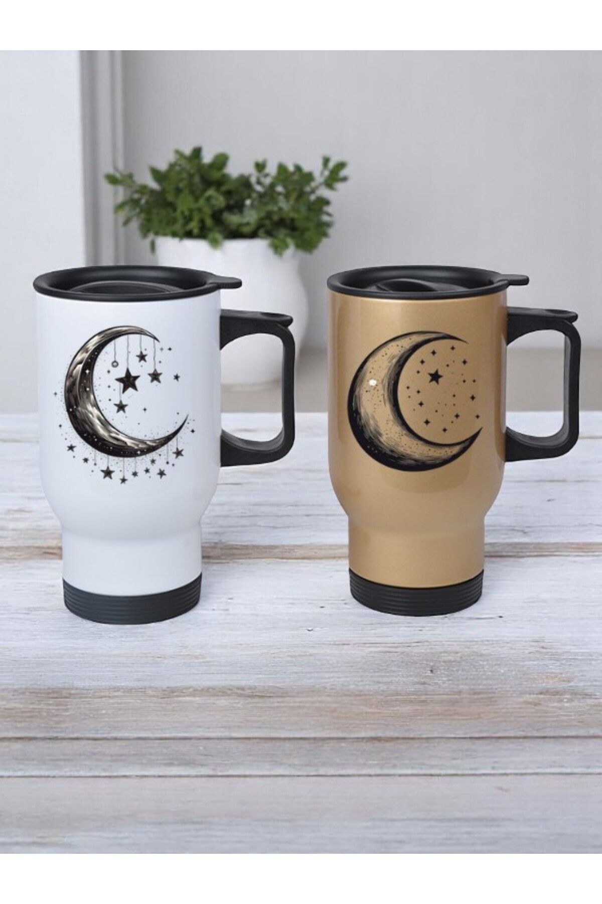 lili hediyelik Ay ve Yıldız Baskılı 2'li Kulplu Çelik Bardak Termos 450 ml