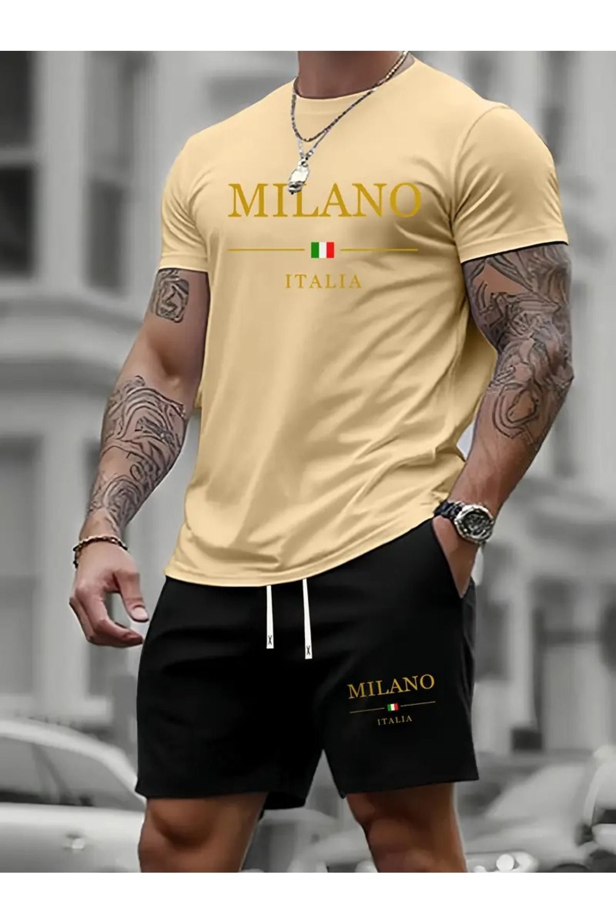 LAND MODA Erkekler için yaz trendi rahat iki parçalı takım, Milan İtalya baskılı şık ve çok yönlü spor terliğ