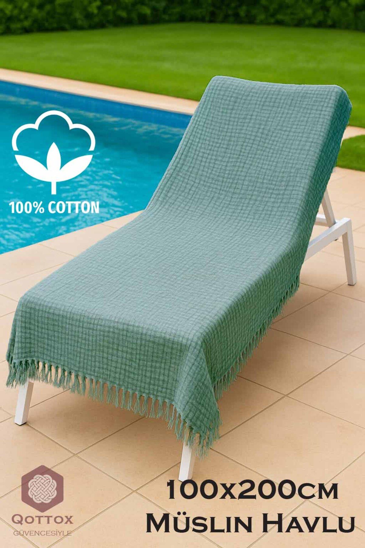 Qottox Şezlong Havlusu, Plaj Havlusu, 100x200 Müslin Plaj Havlusu, %100 Pamuklu Plaj Havlusu, 4Katlı Müslin