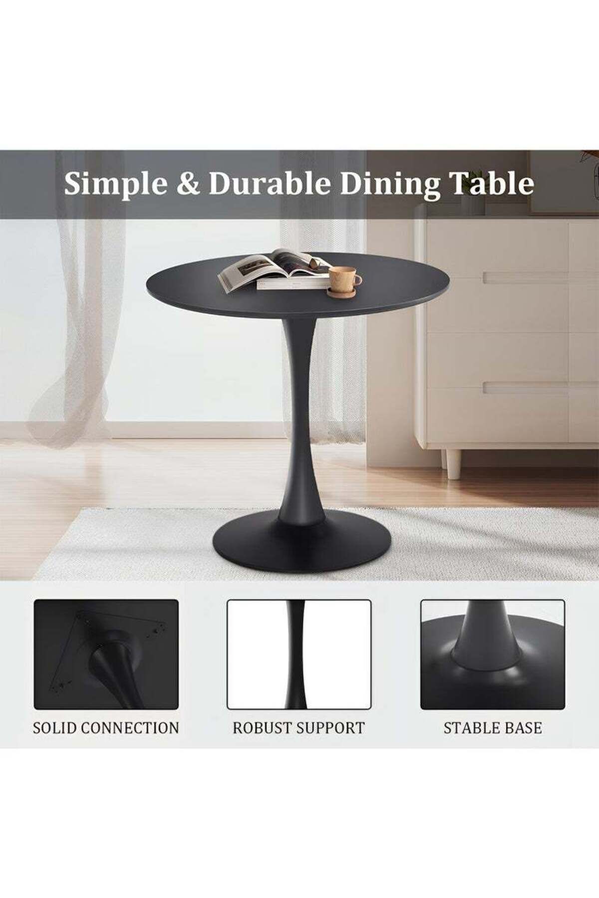 Taimi-Round Dining Table Elegant Plastic 90x90x73cm Coffee Table for Living Room, Dining Room, Black 3