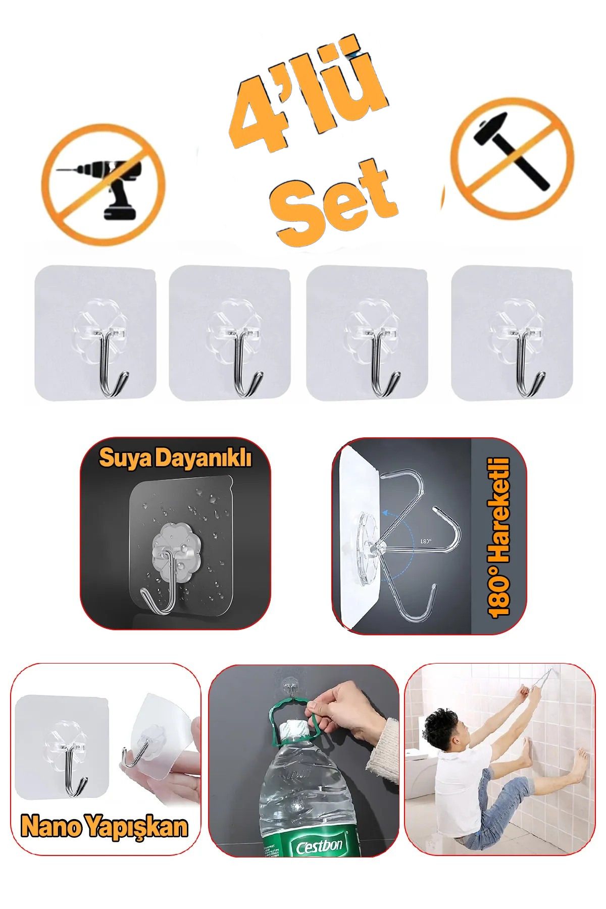 nublado Nano Yeni Nesil Yapışkanlı Banyo Lavabo Mutfak Askısı Şeffaf Plastik Asma İz Bırakmaz 4 Adetli Set M
