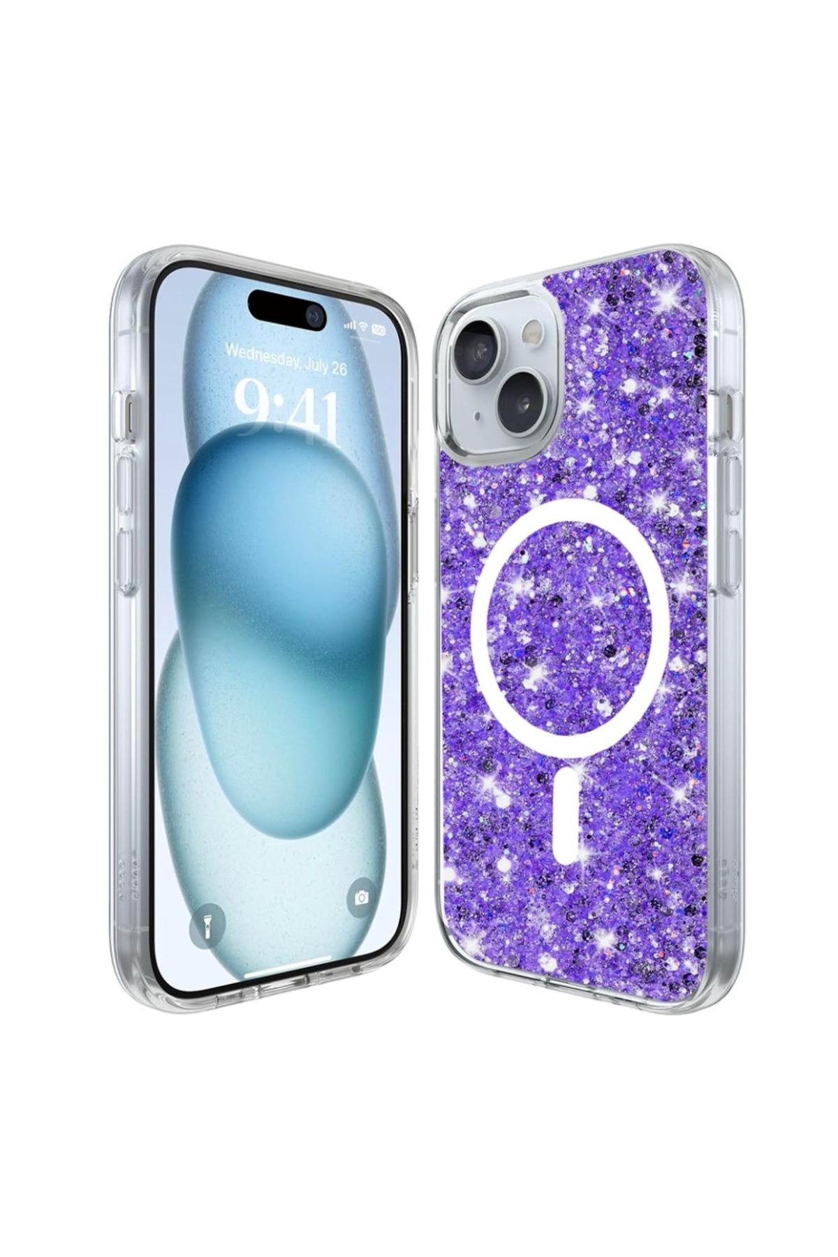 SKYDDAR INNOVATION-Carcasă pentru iPhone 15 Plus, SparkleCase, Carcasă din silicon cu sclipici, Protecție completă, Violet, Set autocolante 1