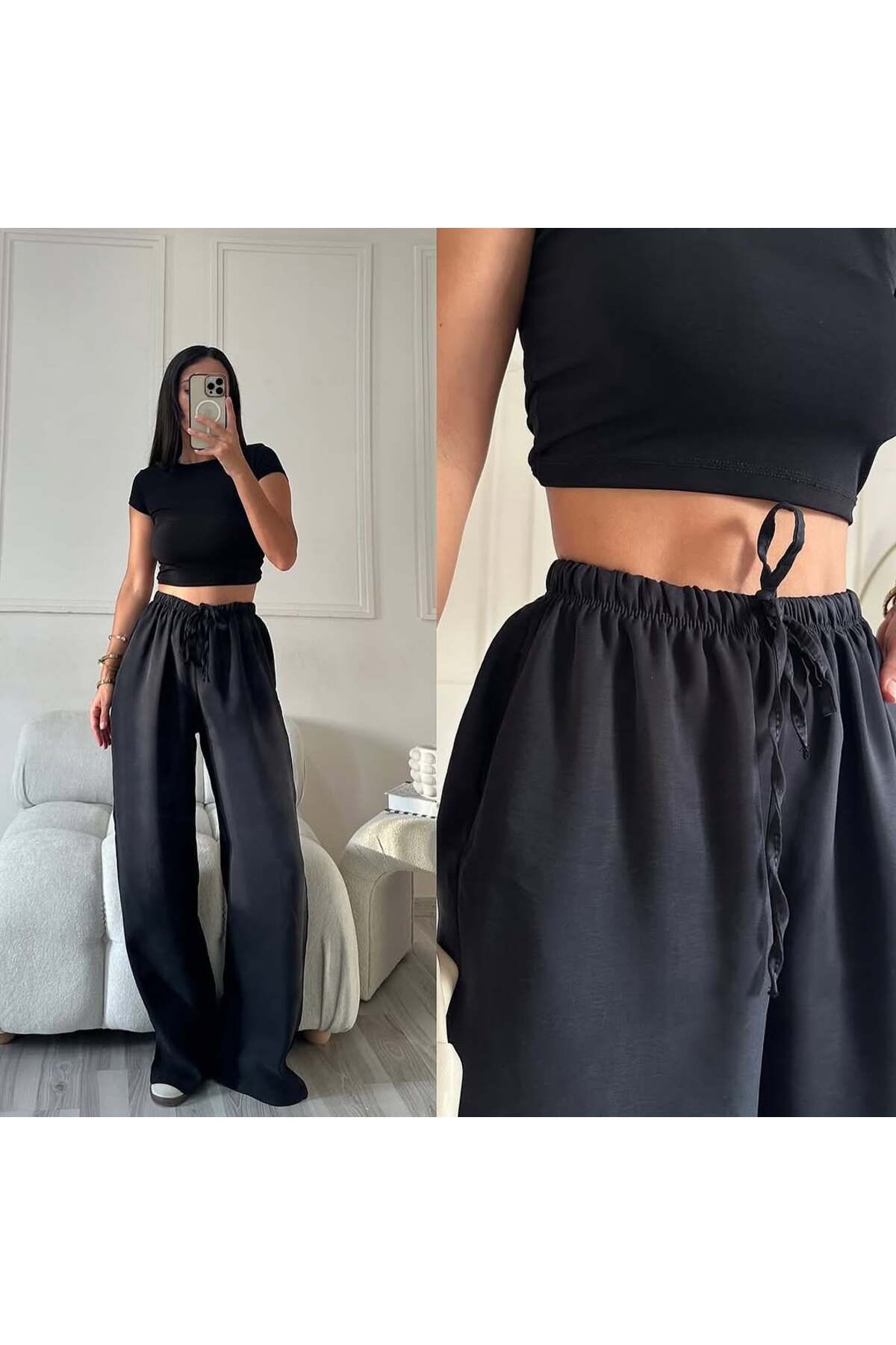 lenai online shop İnce Kumaş Bol Paça İnce Pantolon Bağcıklı Kadın