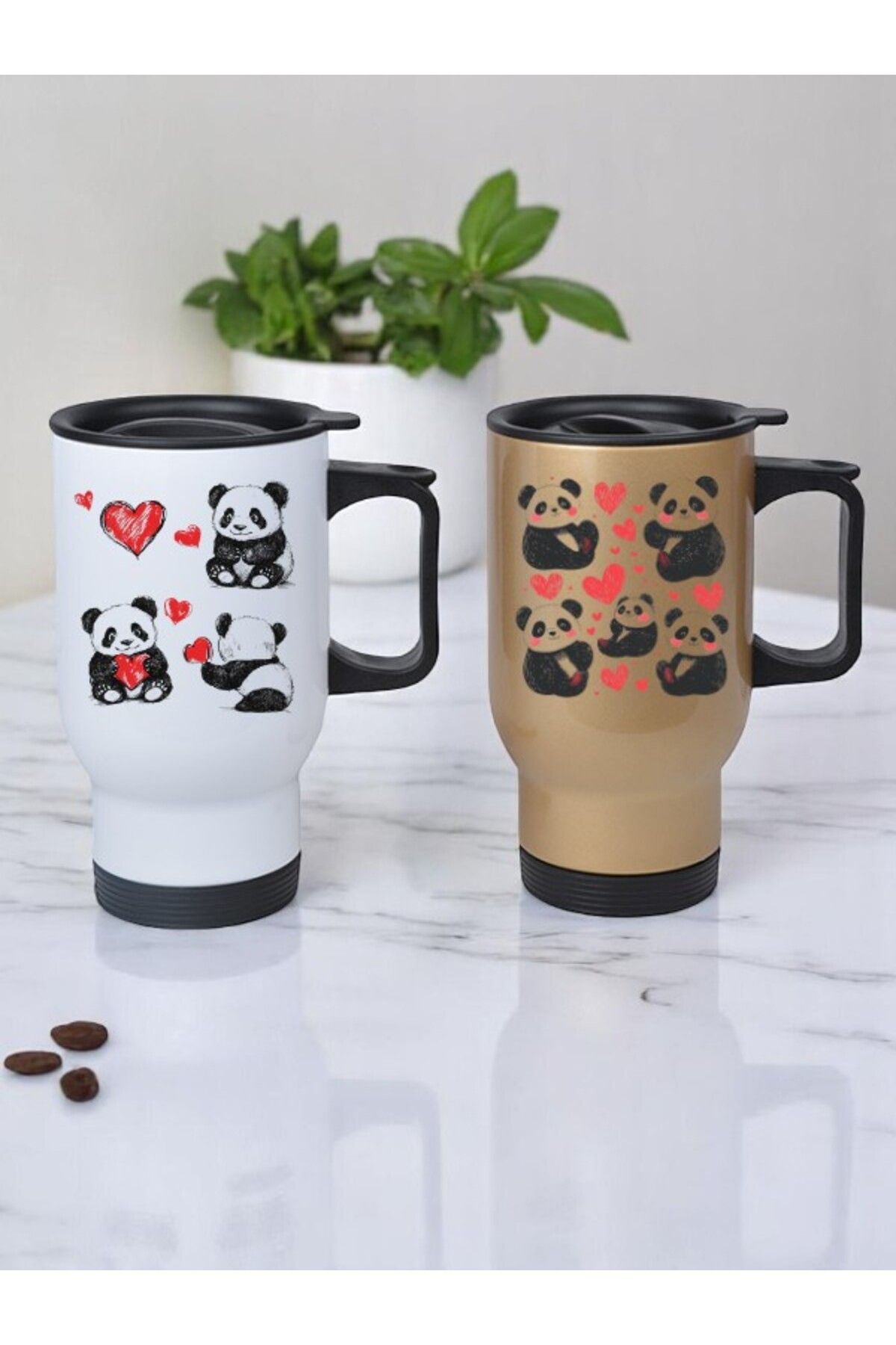 lili hediyelik Kalpler ve Panda Baskılı 2'li Kulplu Çelik Bardak Termos 450 ml