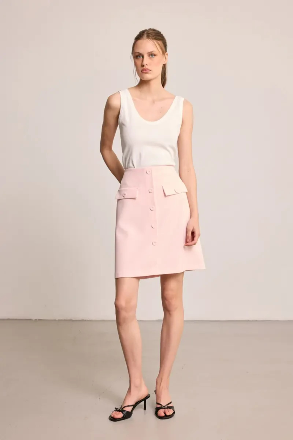 Gusto Düğmeli Mini Etek - Pembe görsel 2