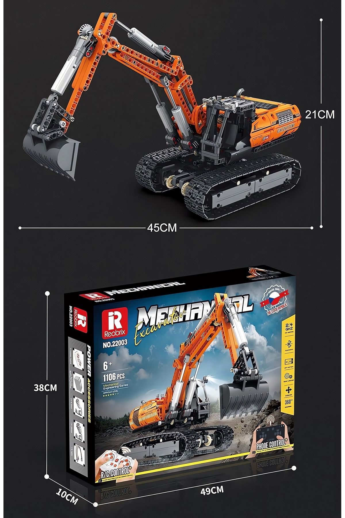 REOBRIX-Excavator Rc Controlled, Technical Block Building Kit (1106 Parts) 2
