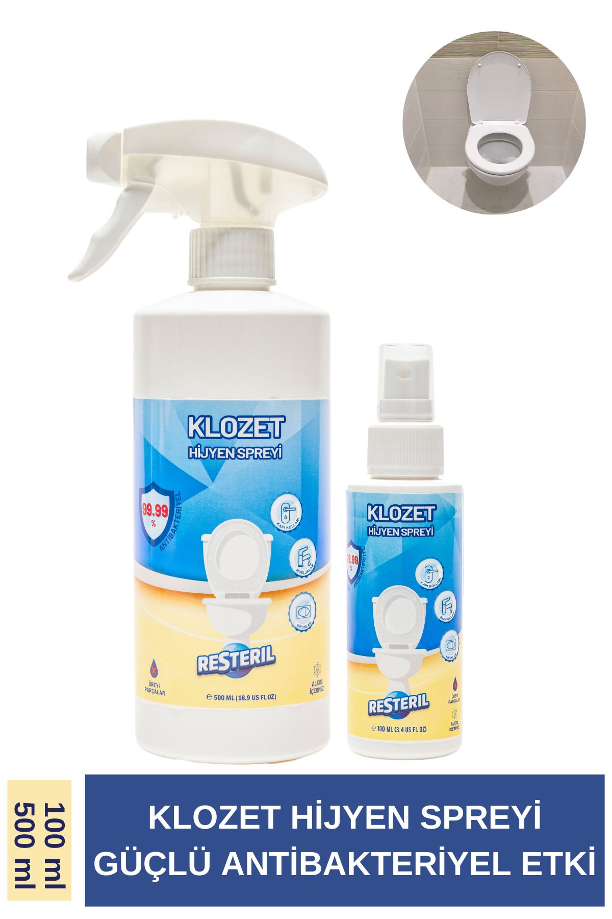 Resteril Klozet Kapağı Dezenfektan Sprey Alkolsüz Parfümsüz %99.99 Sterilizasyon Çanta Boy 100-500ml