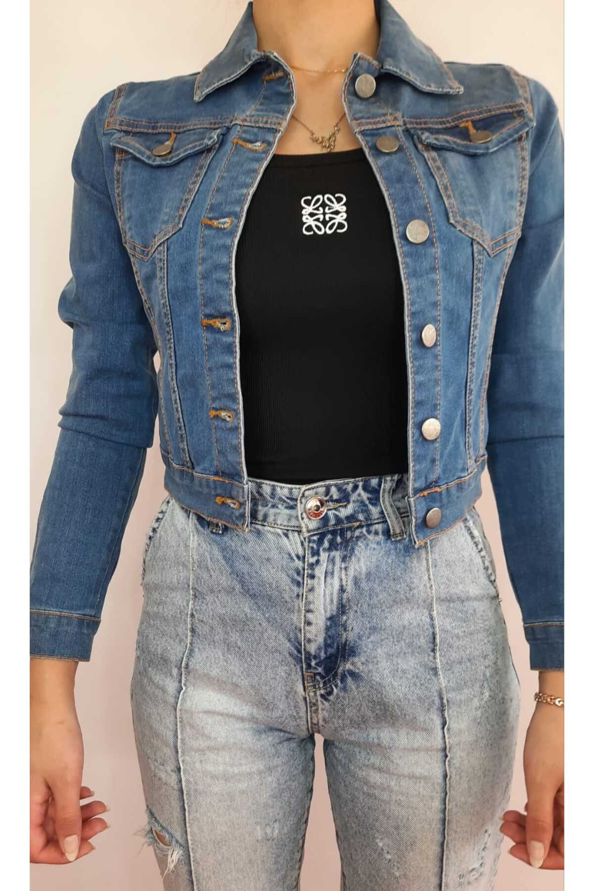 ŞIK VE MUTLU Kadın Jean Düğmeli Denim Kot Ceket